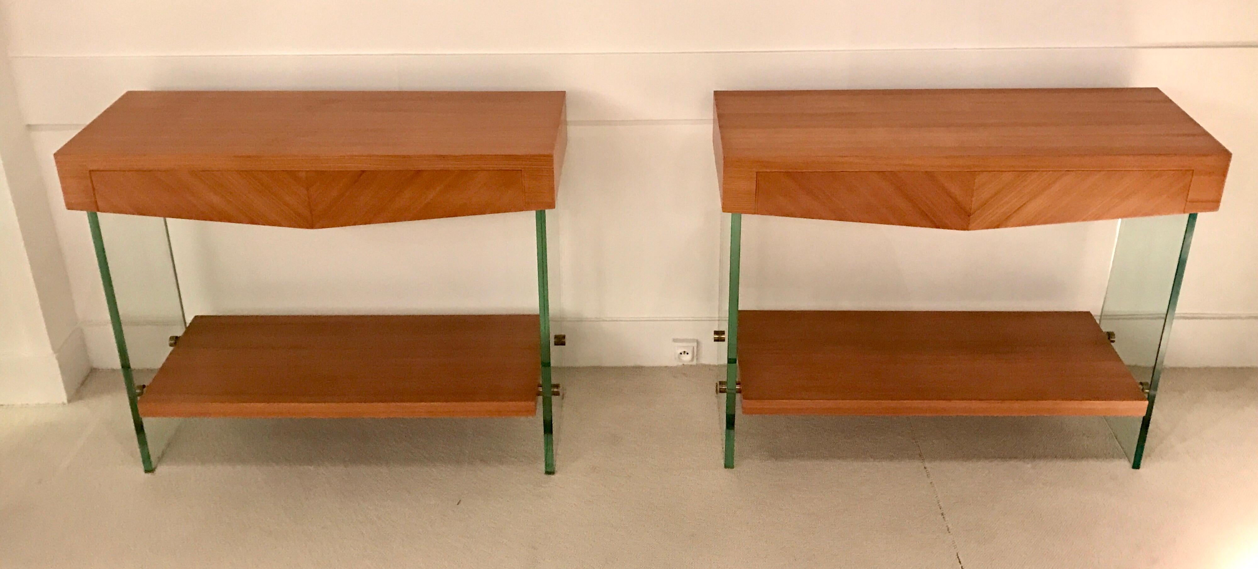 Pair of Consoles in Saint Gobain Glass and Wood Top, France, 1960 7