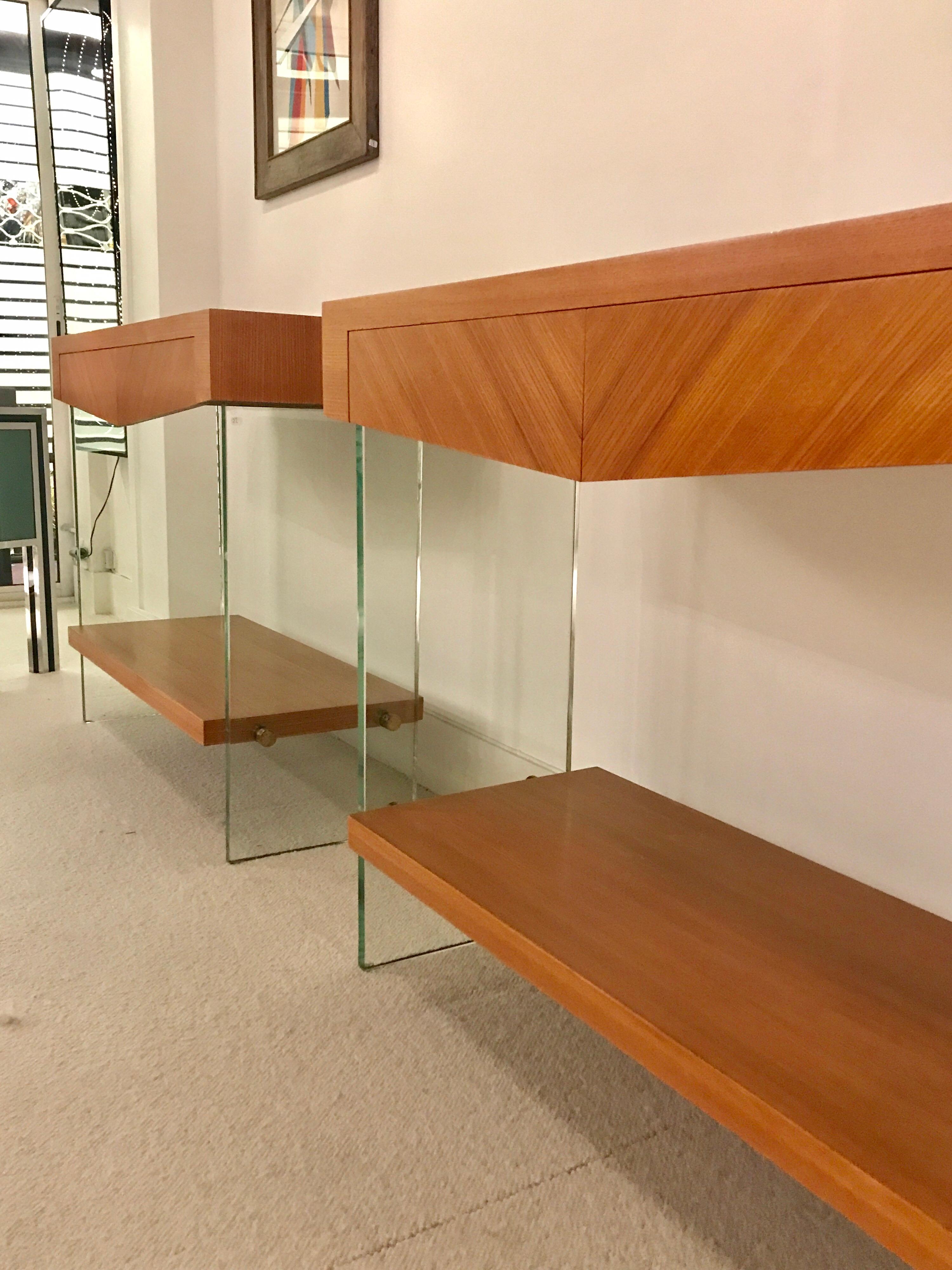 Pair of Consoles in Saint Gobain Glass and Wood Top, France, 1960 9