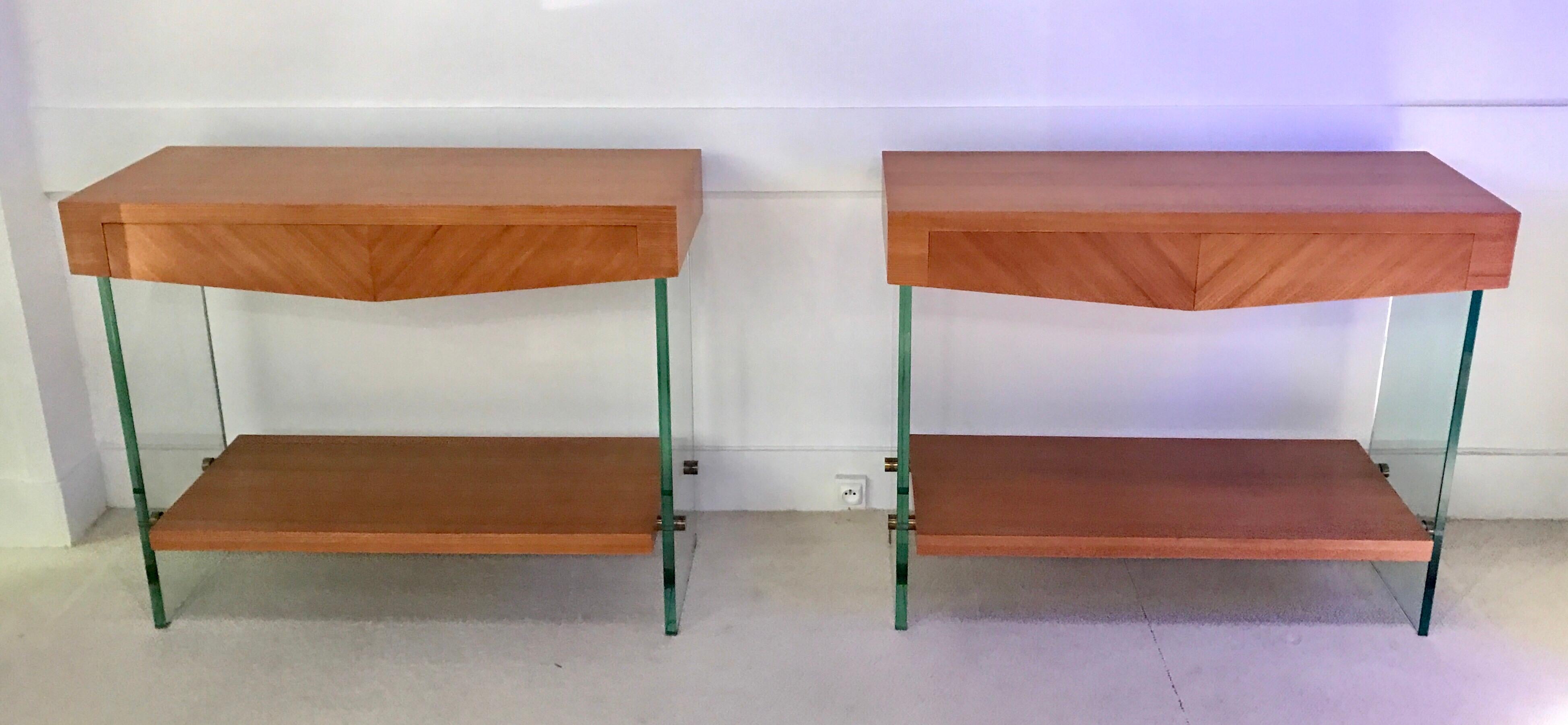 Pair of Consoles in Saint Gobain Glass and Wood Top, France, 1960 In Good Condition In Saint-Ouen, FR