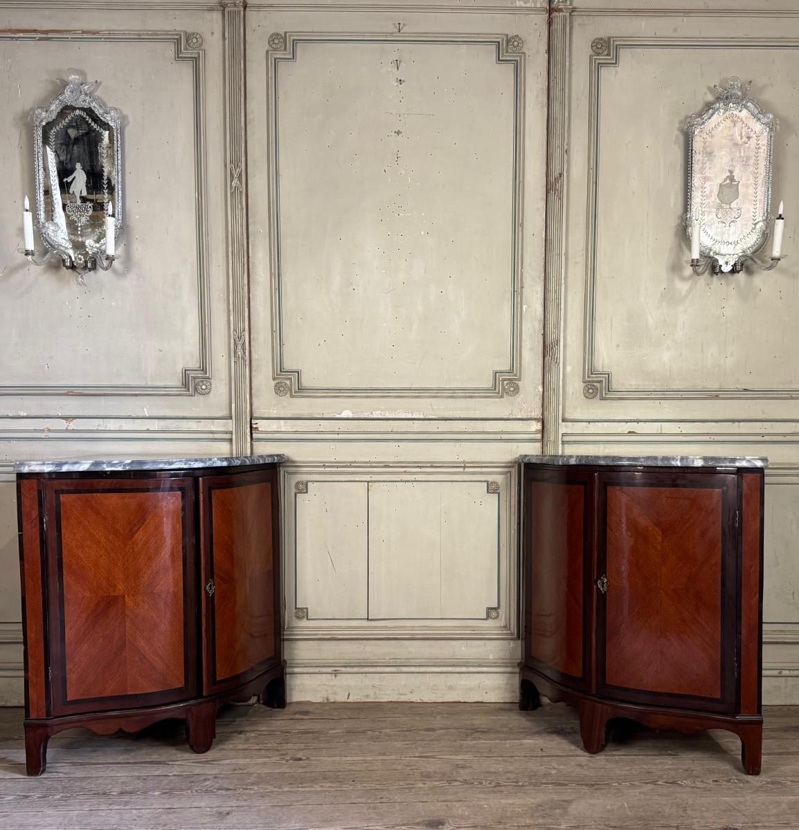 Coppia di console, impiallacciatura di mogano e palissandro, marmo blu turchese, XVIII sec. in vendita 5