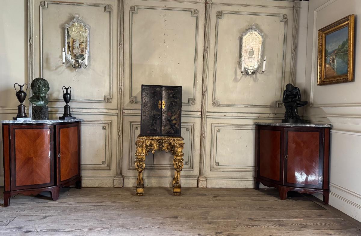 Coppia di console, impiallacciatura di mogano e palissandro, marmo blu turchese, XVIII sec. in vendita 2
