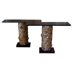 Pair of Consoles Mid-18th Century Gilded Carved Wood and Natural Steel Base/Top