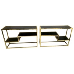 Pair of Consoles or Book Holders in Brass and Black Opaline Glass, circa 1970