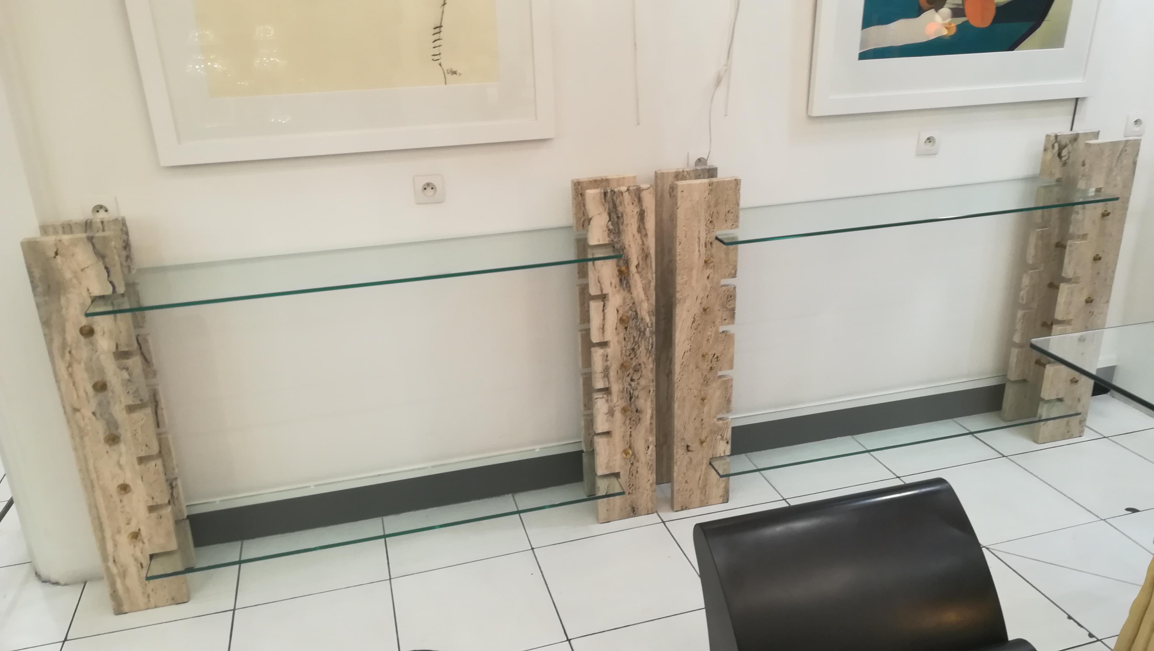 Pair of Consoles or Book Holders in Travertine and Glass, circa 1970 4