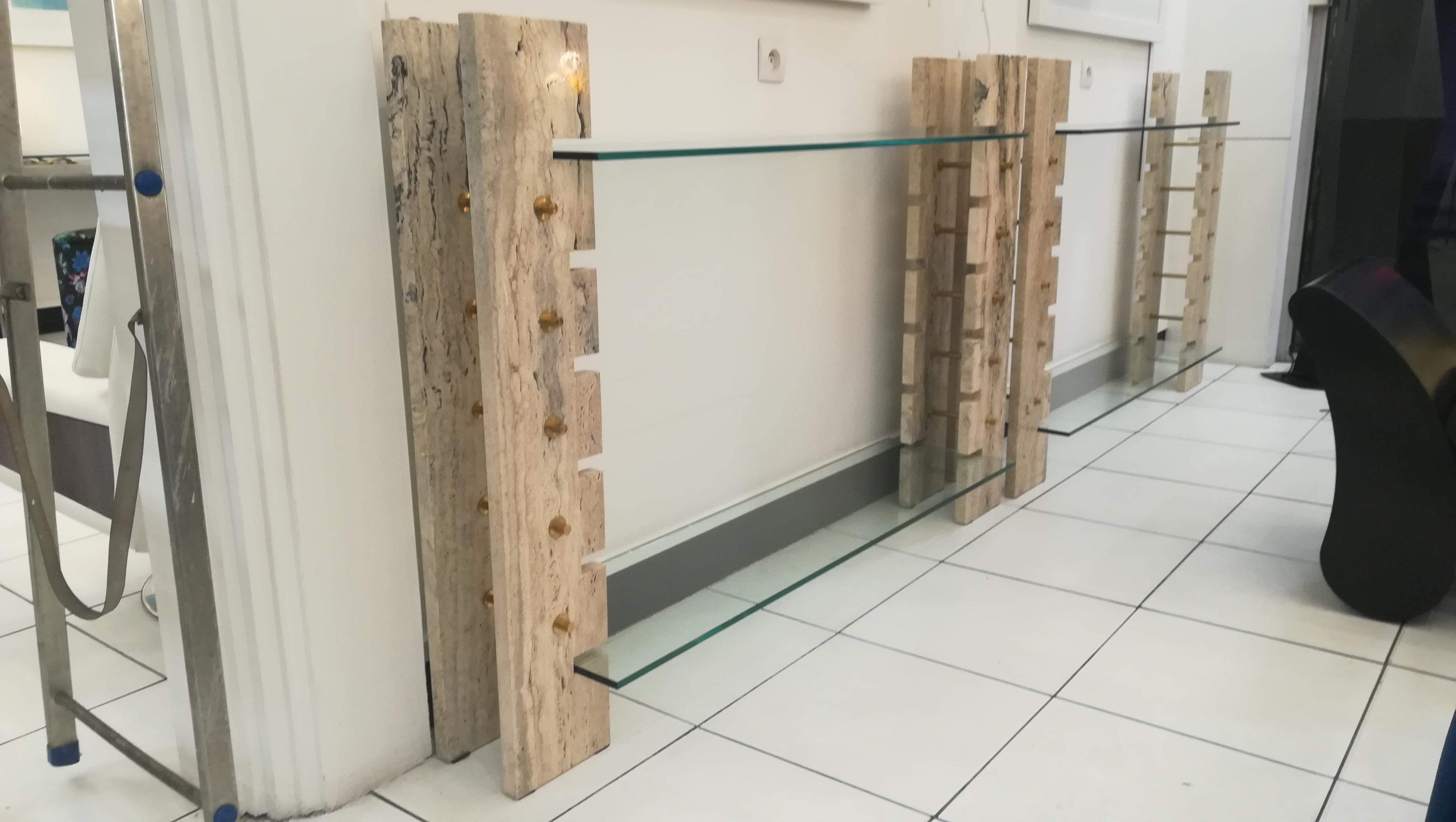 French Pair of Consoles or Book Holders in Travertine and Glass, circa 1970