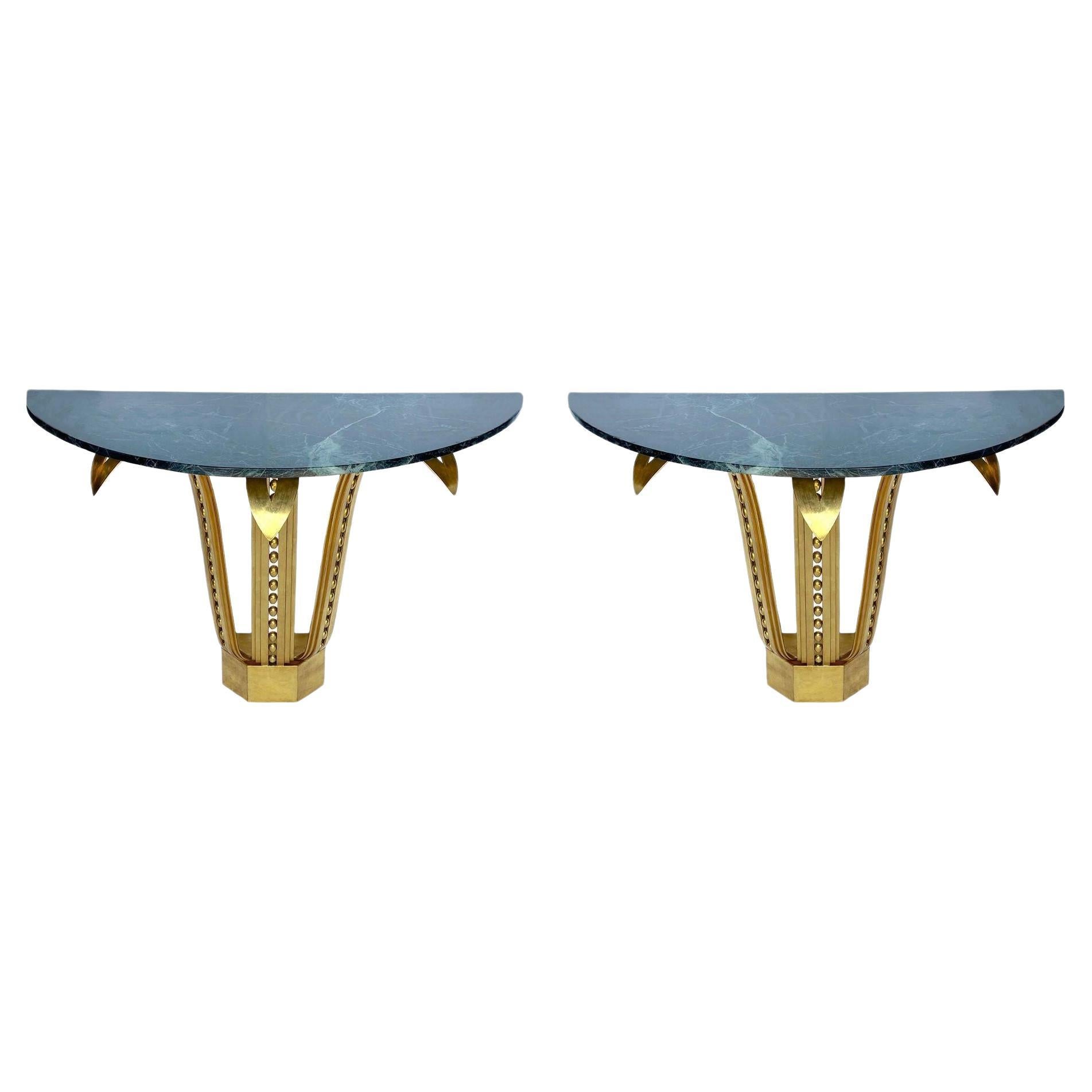 Pair of Consoles w/ Real Gold Leaf and Marble Top in the Style of Raymond Subes For Sale