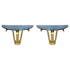 Vintage Pair of Consoles w/ Real Gold Leaf and Marble Top in the Style of Raymond Subes