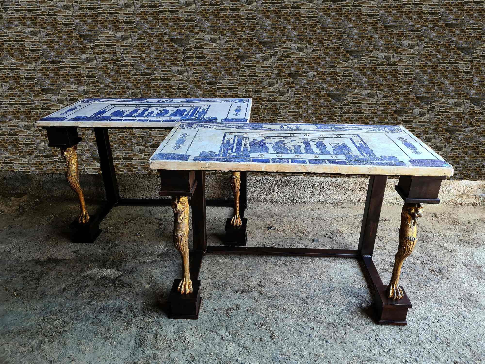 Italian Pair of consoles with scagiole trays, Italy, 19/20th century For Sale