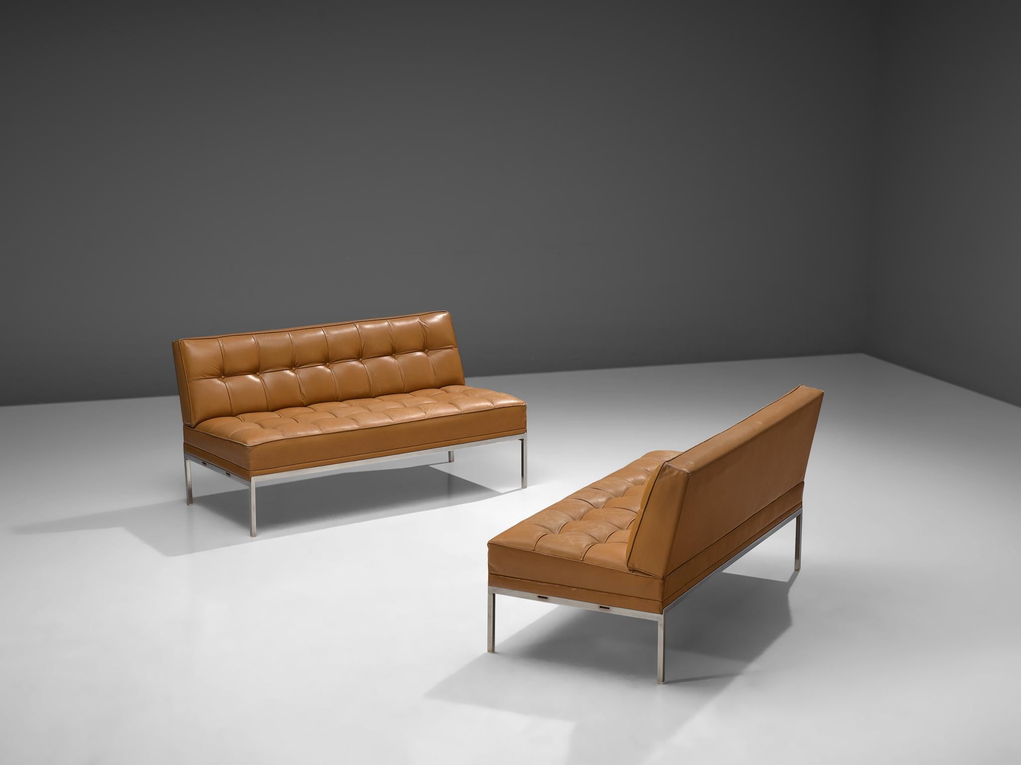 Johannes Spalt for Wittmann, pair of 'Constanze' daybed or sofa, cognac leather, steel, Austria, 1960s.

This pair of Austrian settee-sofa's named 'Constanze' is typical for Mid-Century Modern design. The tufted leather seat and back is