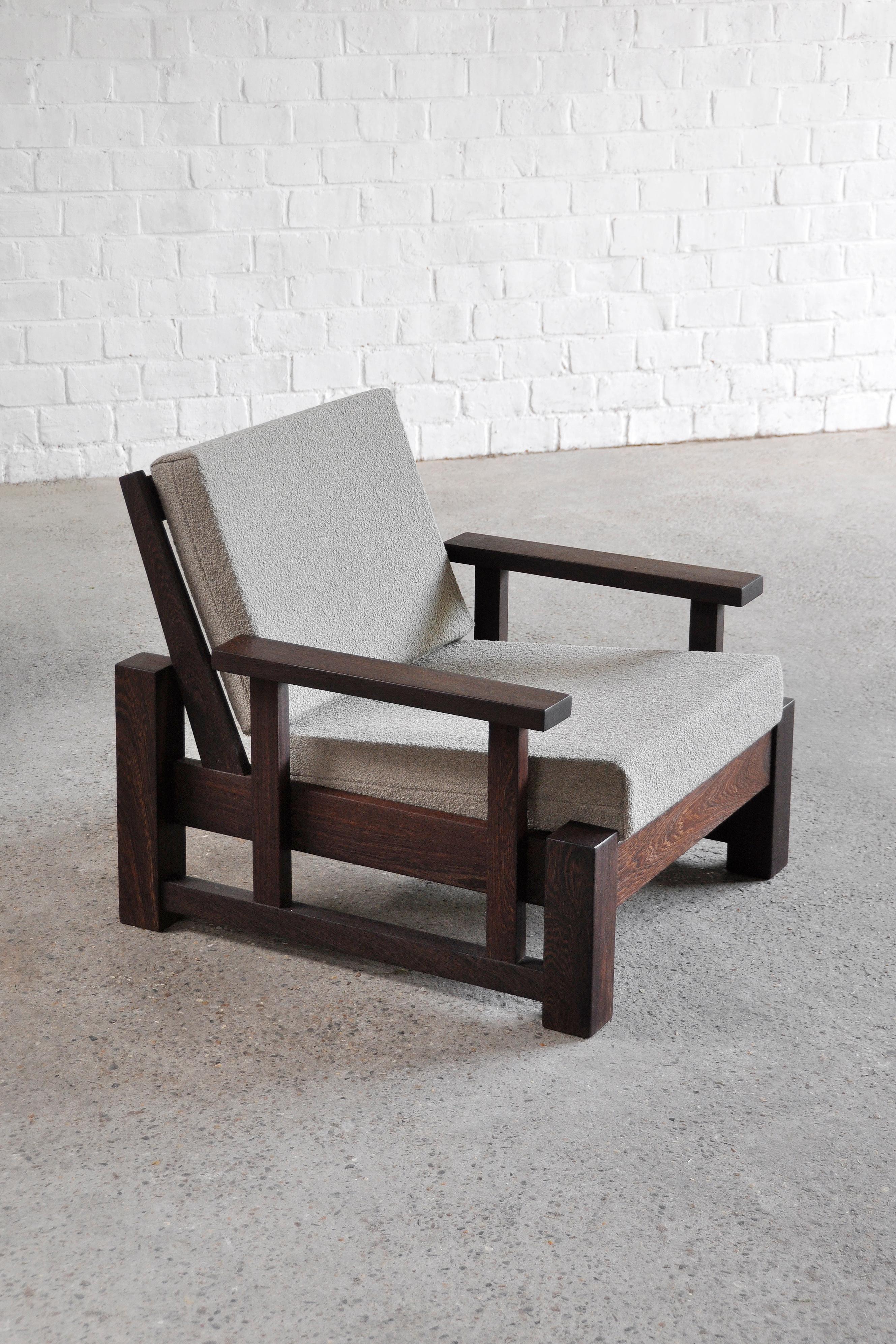 Wenge Pair of Constructivist Armchairs in Bouclé & Solid Wengé, 1960's