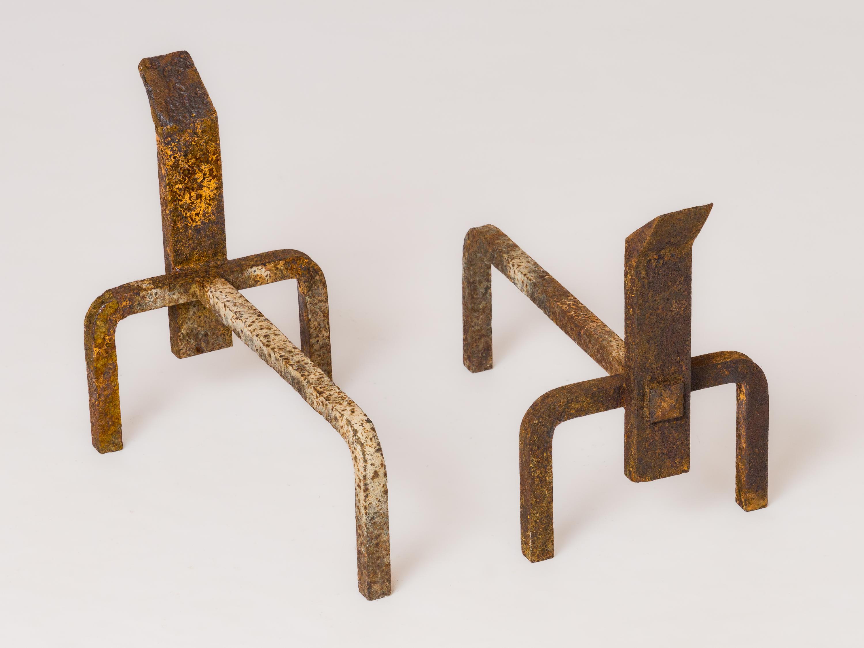 Brutalist Pair of Constructivist Distressed Wrought Iron Andirons - France 1970's For Sale