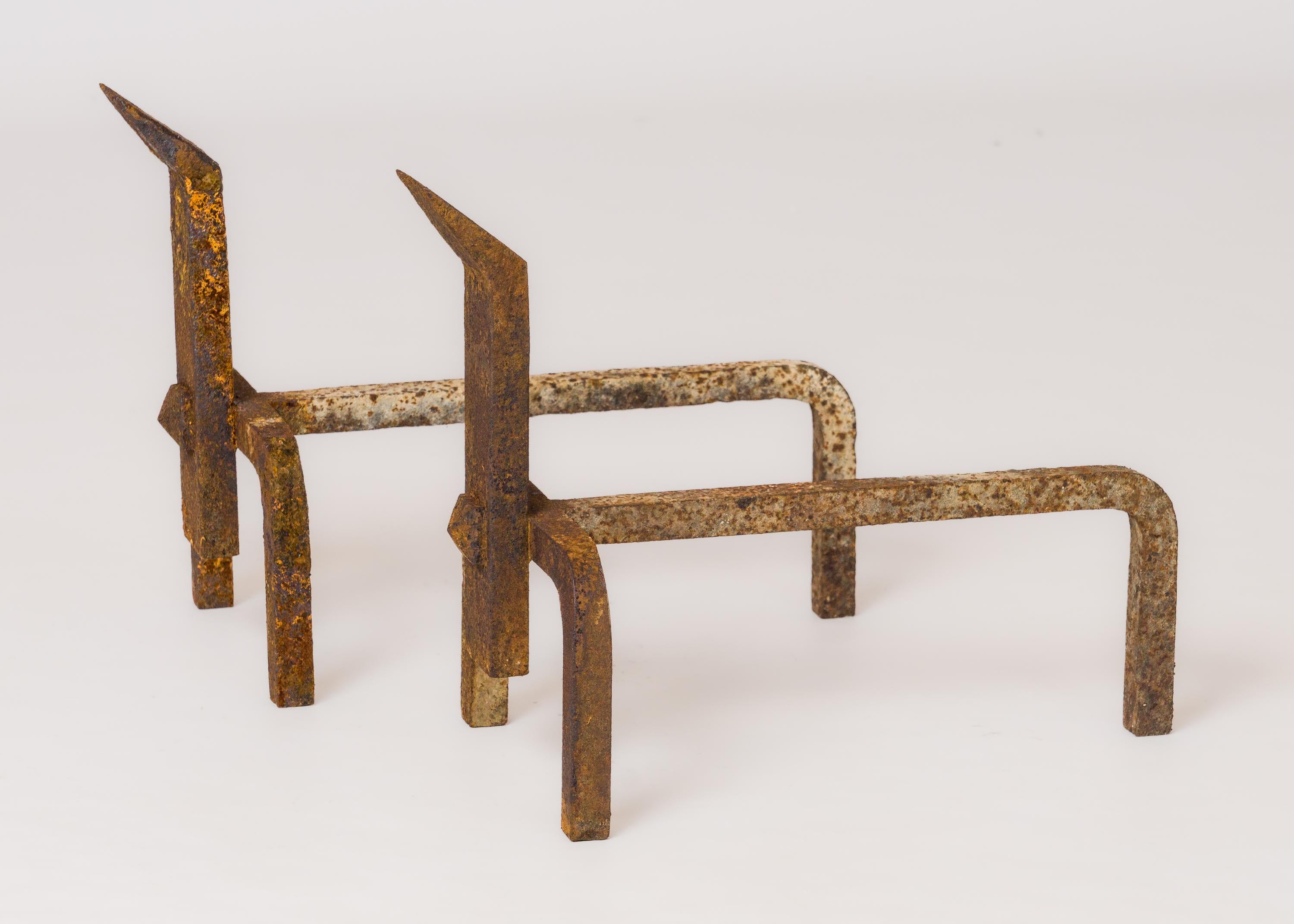 French Pair of Constructivist Distressed Wrought Iron Andirons - France 1970's For Sale
