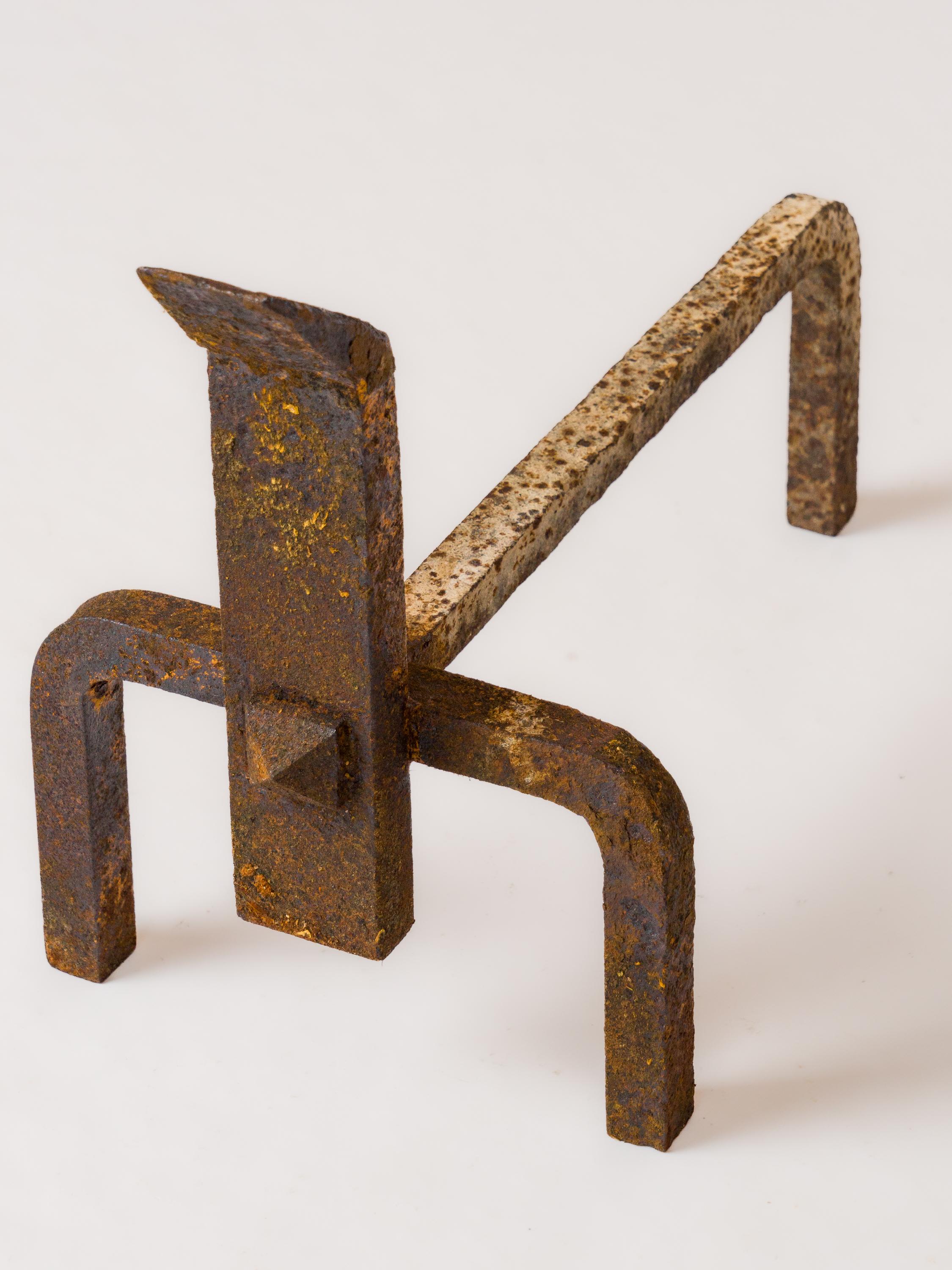 Late 20th Century Pair of Constructivist Distressed Wrought Iron Andirons - France 1970's For Sale