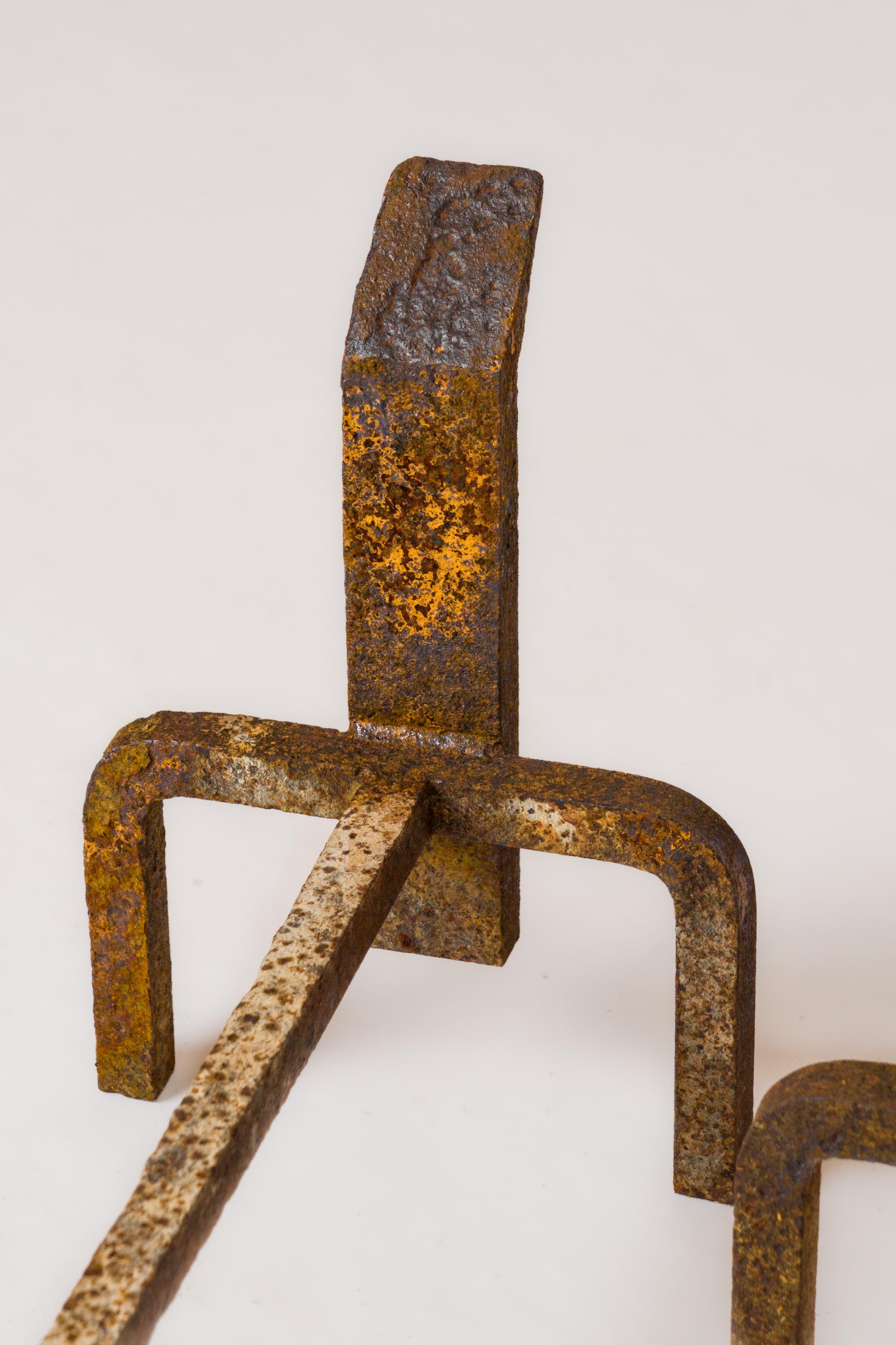 Pair of Constructivist Distressed Wrought Iron Andirons - France 1970's For Sale 1