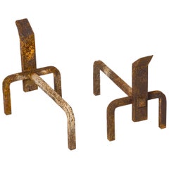 Pair of Constructivist Distressed Wrought Iron Andirons - France 1970's