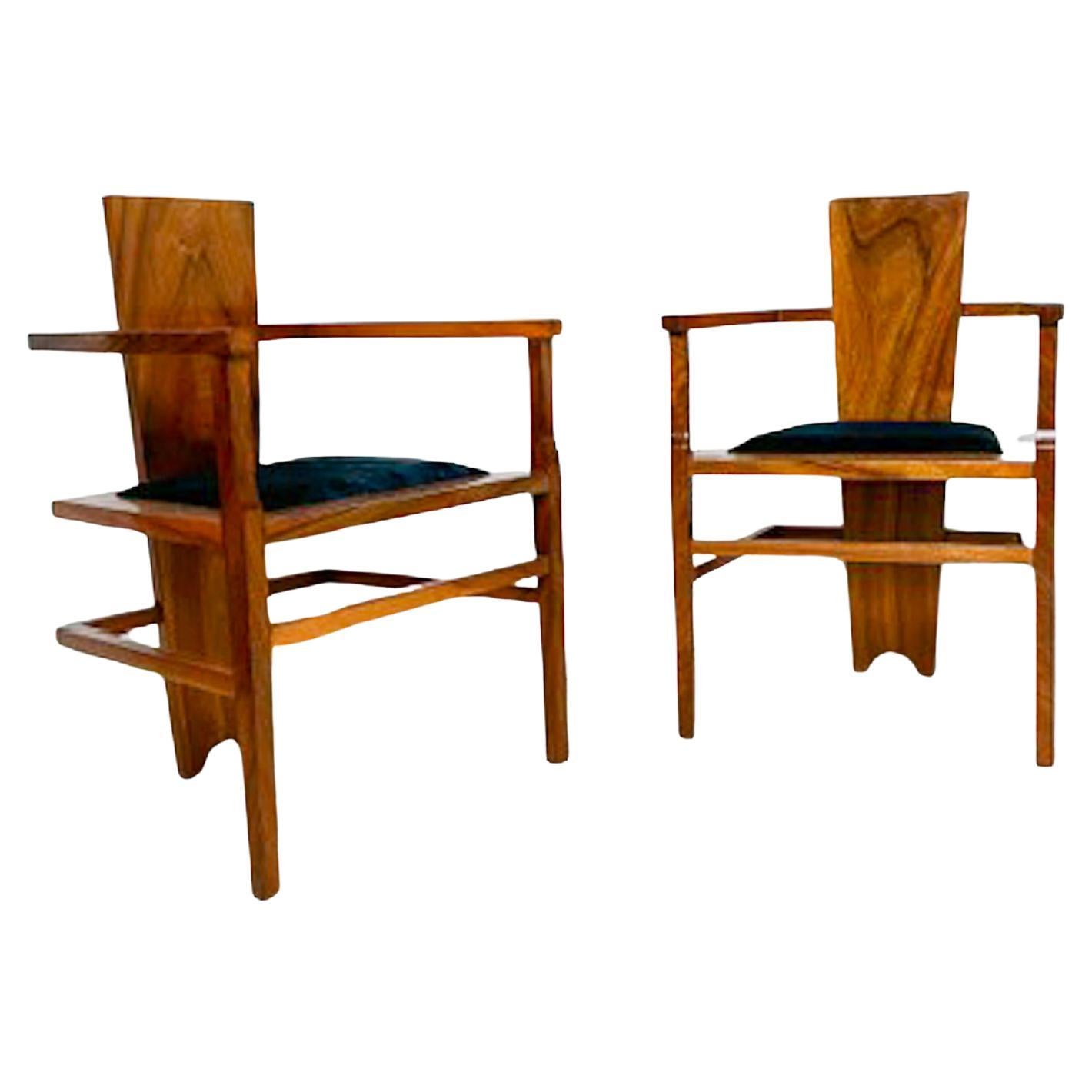 Pair of Constructivist Walnut Armchairs, 1940s For Sale