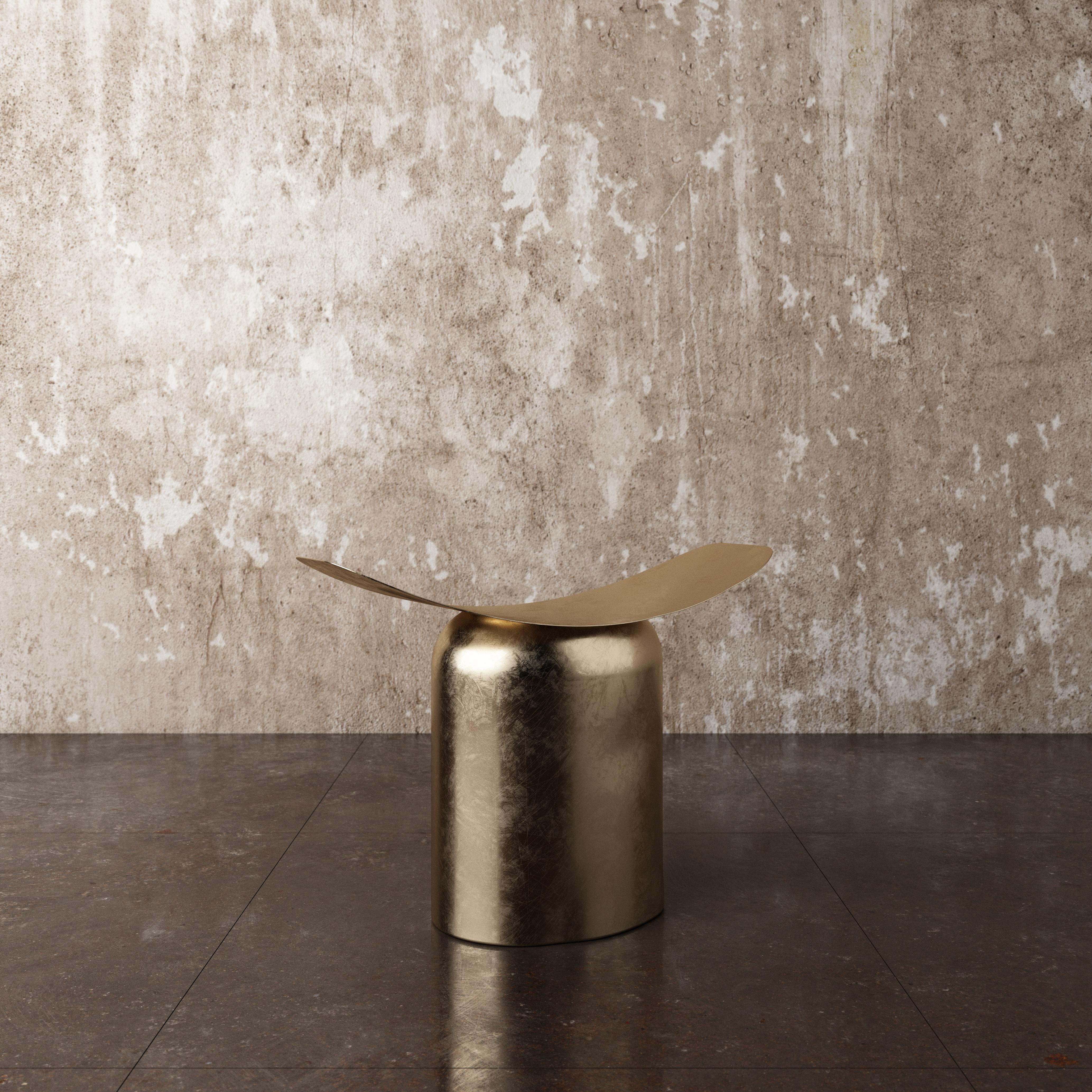Modern Pair of Contemporary Aged Brass Side Table and Stool by Pietro Franceschini
