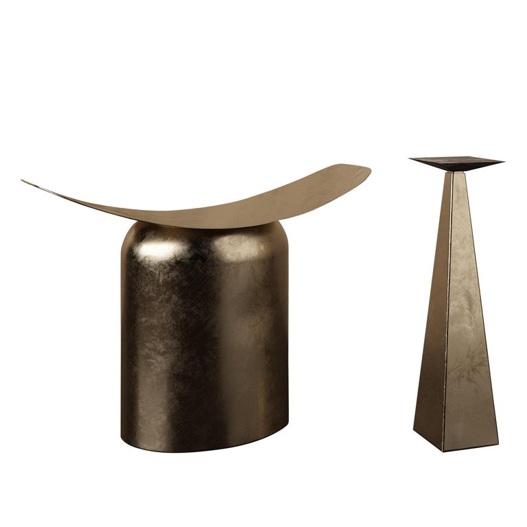 Pair of Contemporary Aged Brass Side Table and Stool by Pietro