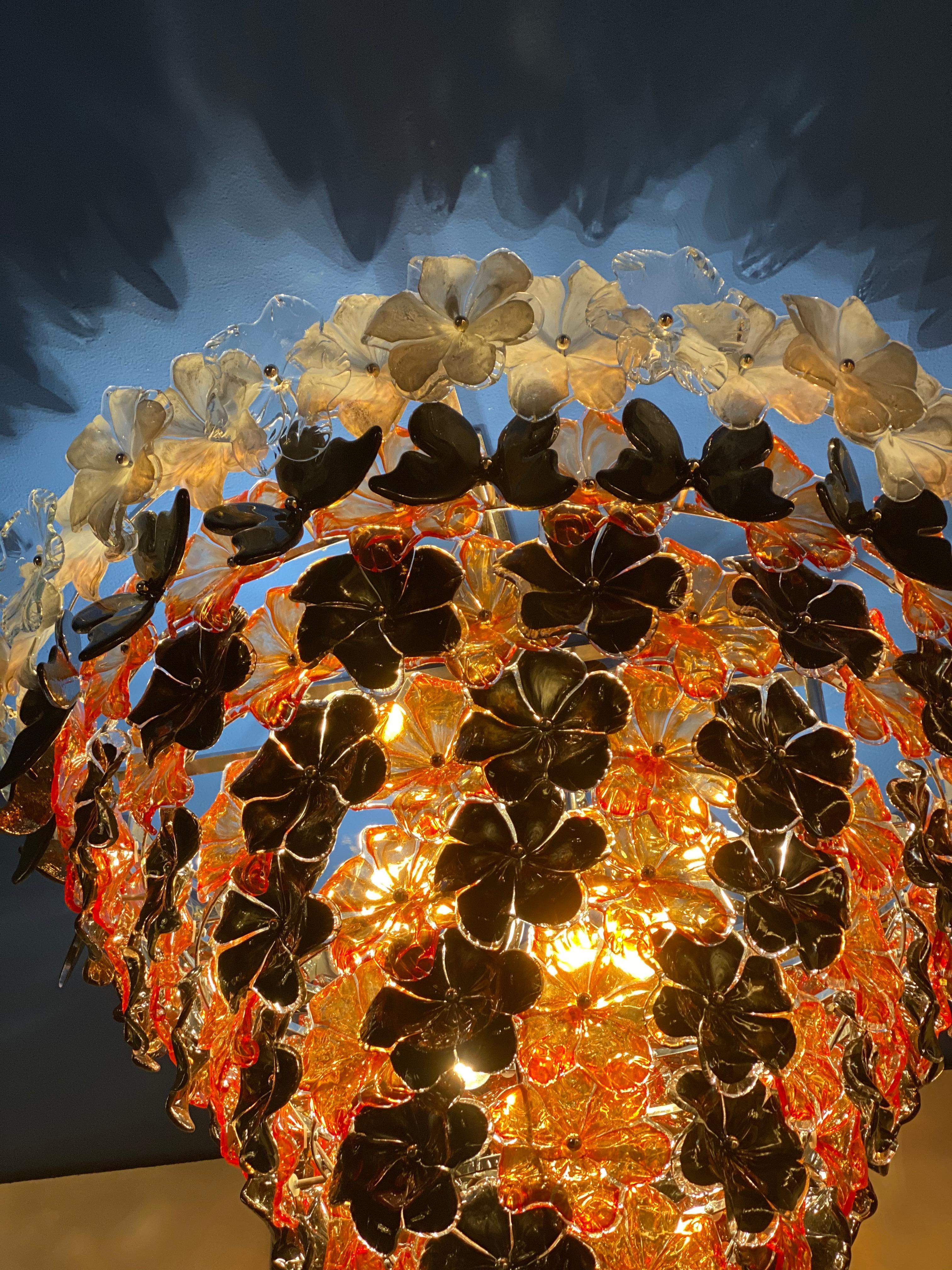 Pair of Contemporary Black and Orange Flower Stunning Murano Glass Chandelier For Sale 5