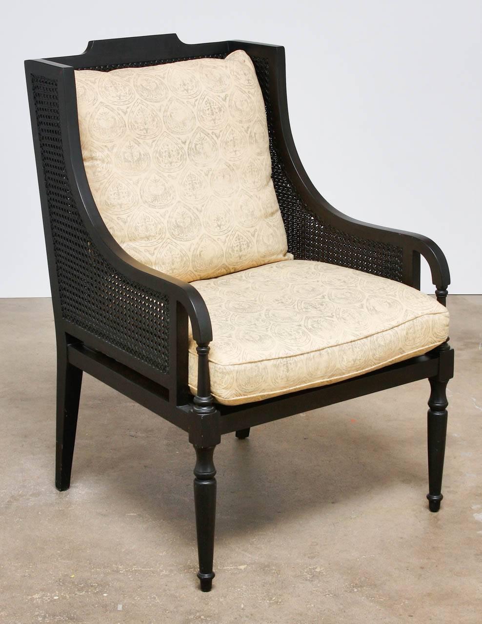 Regency Pair of Contemporary Black Lacquer Caned Wing Chairs