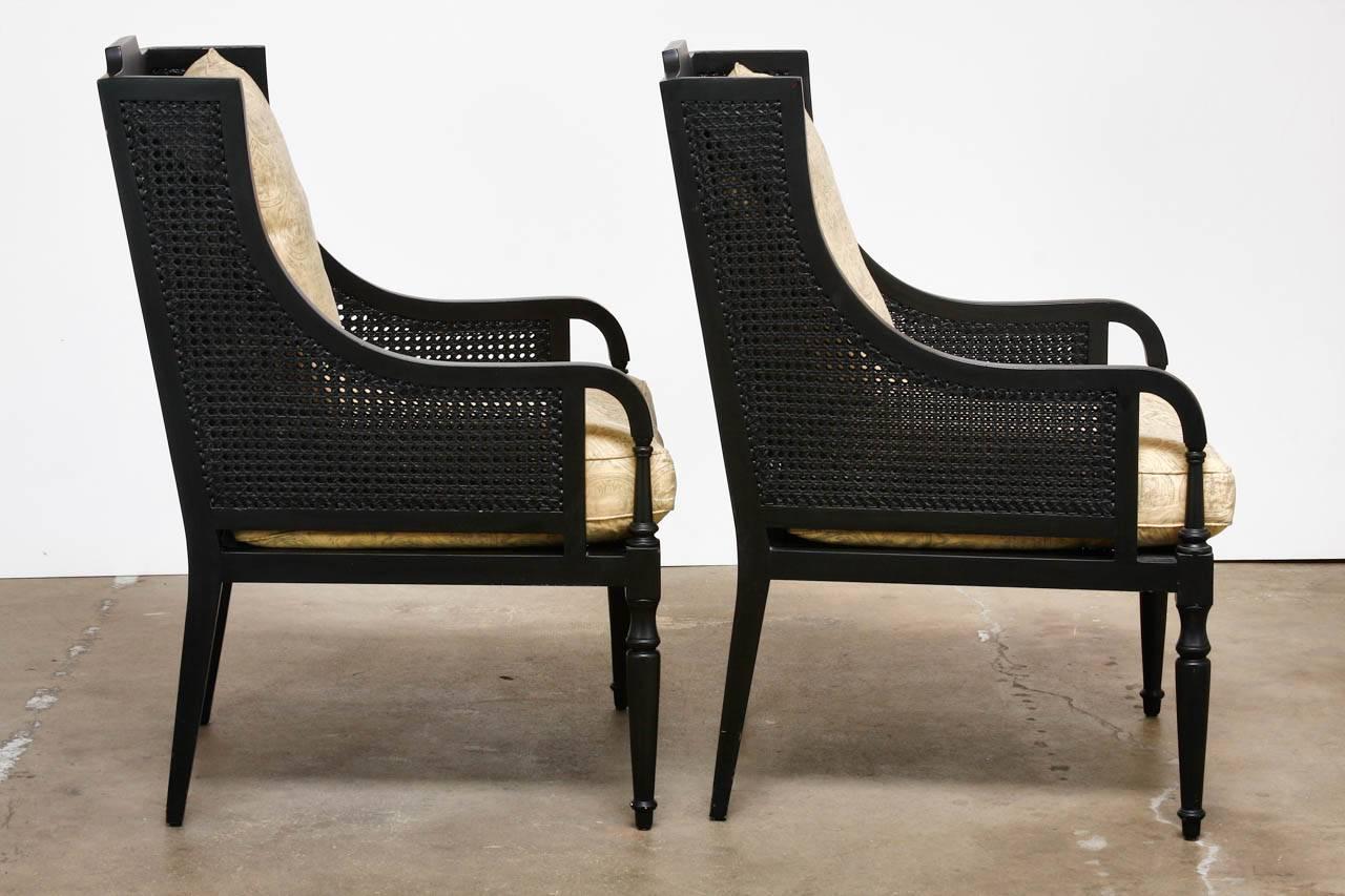 20th Century Pair of Contemporary Black Lacquer Caned Wing Chairs