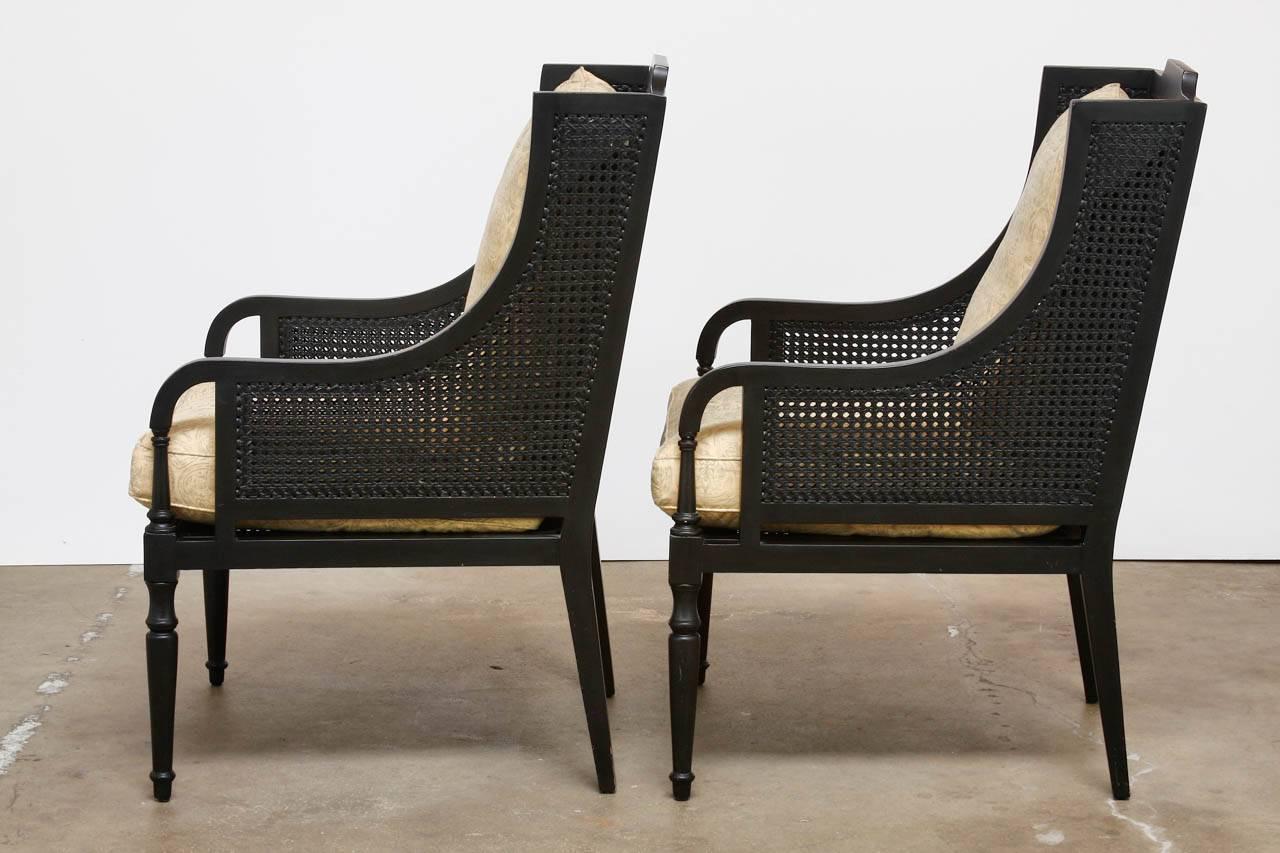 Pair of Contemporary Black Lacquer Caned Wing Chairs 1