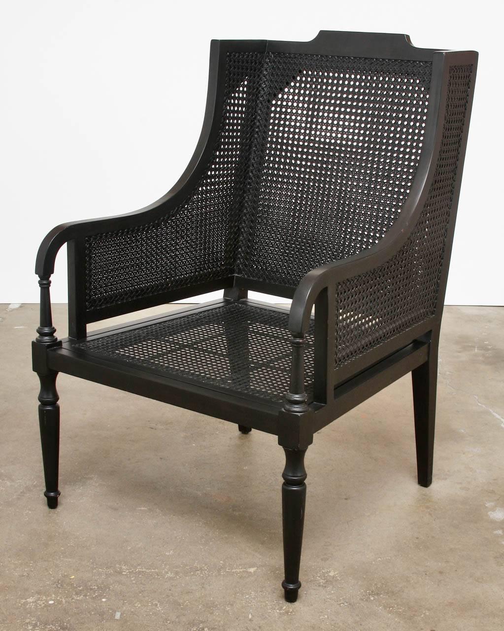 Pair of Contemporary Black Lacquer Caned Wing Chairs 2