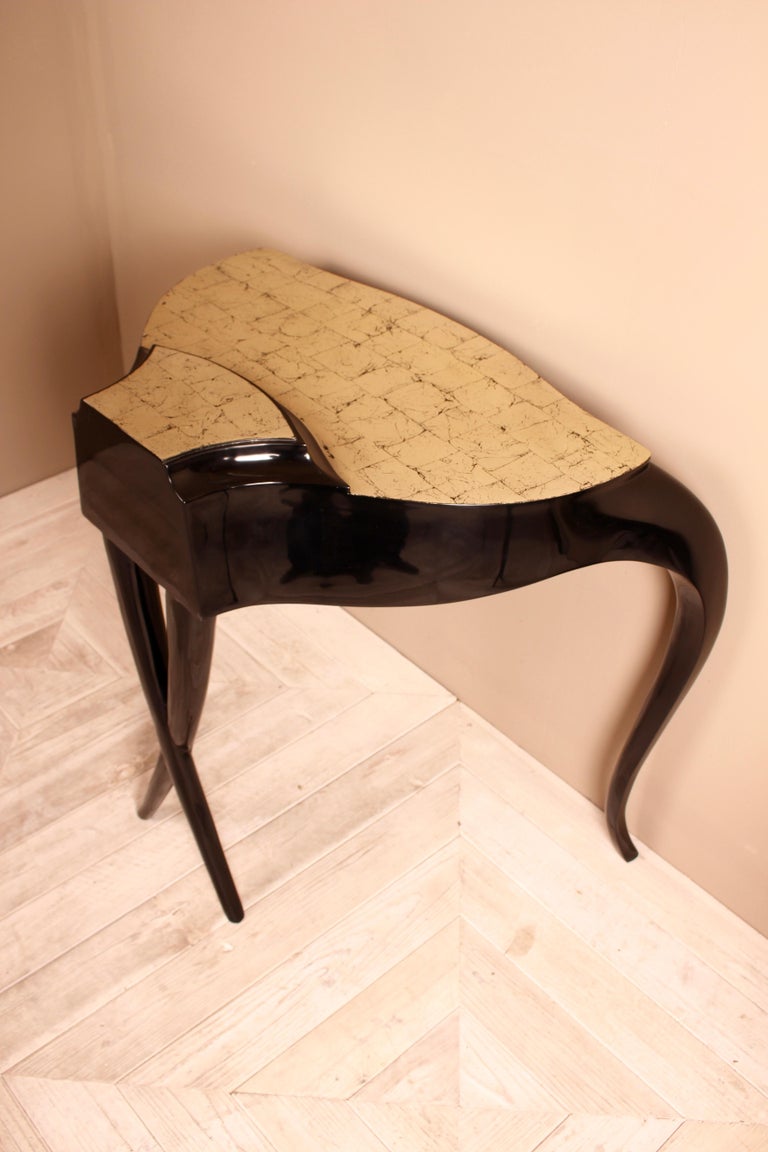 Pair of Contemporary Black Lacquer and Silver Leaf Tables by