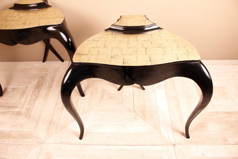 Pair of Contemporary Black Lacquer and Silver Leaf Tables by