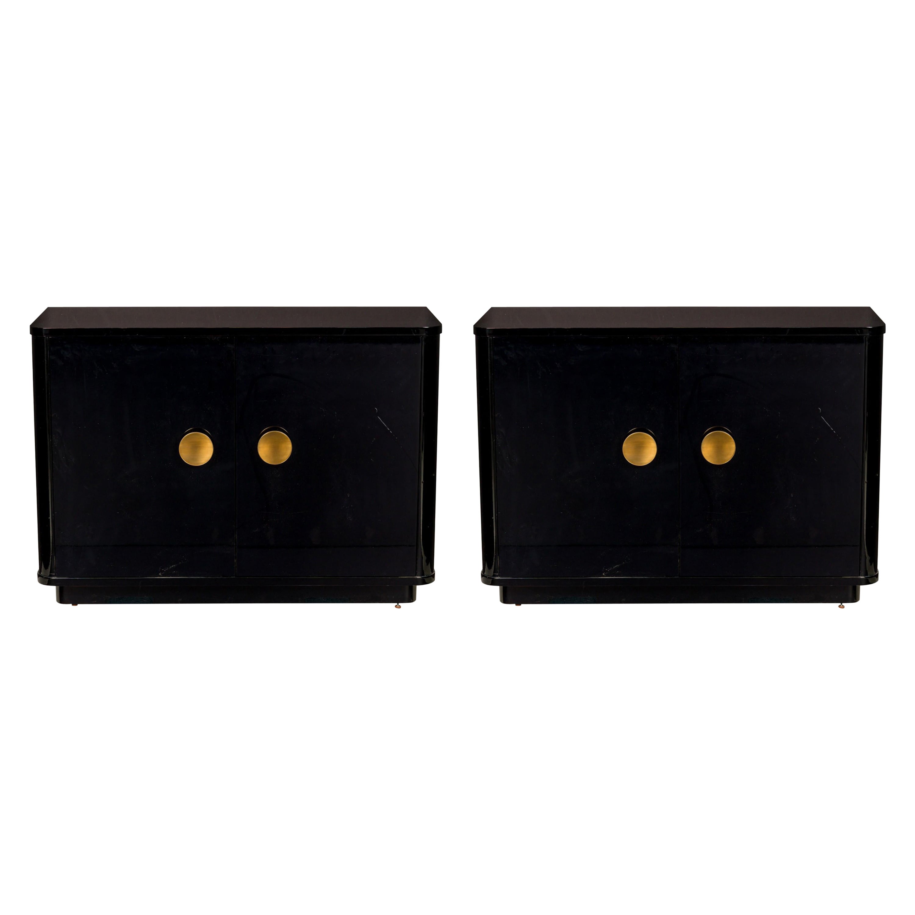 Pair of Contemporary Black Lacquered Low Breakfront Cabinets