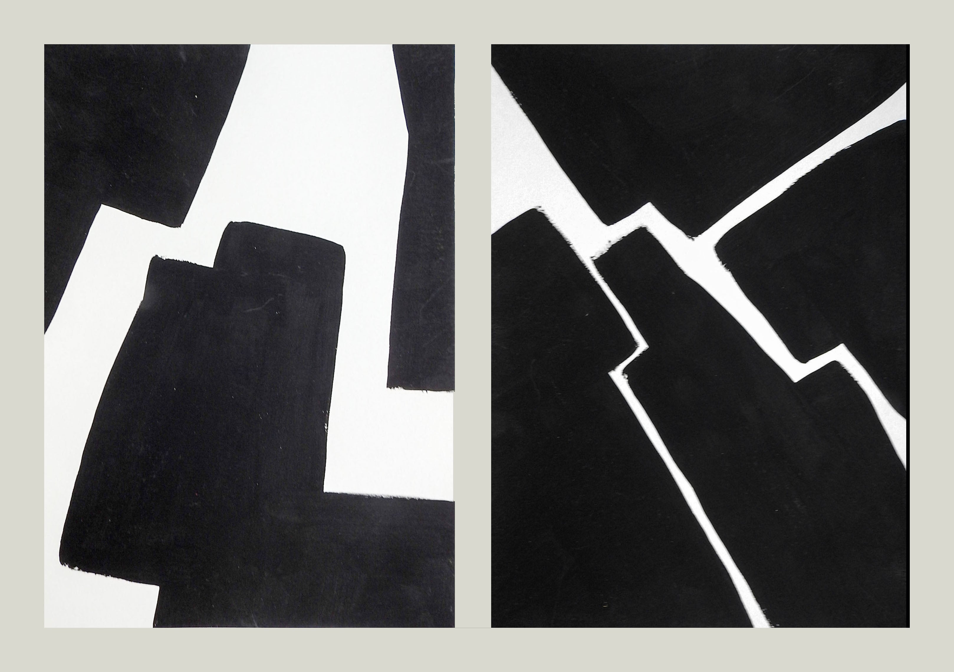 Pair of contemporary 2020 black and white abstract gouache on paper painting by David Grinnell (21st century) Texas. Signed. dated and titled Black Spaces III and V on verso. Unframed, good condition.