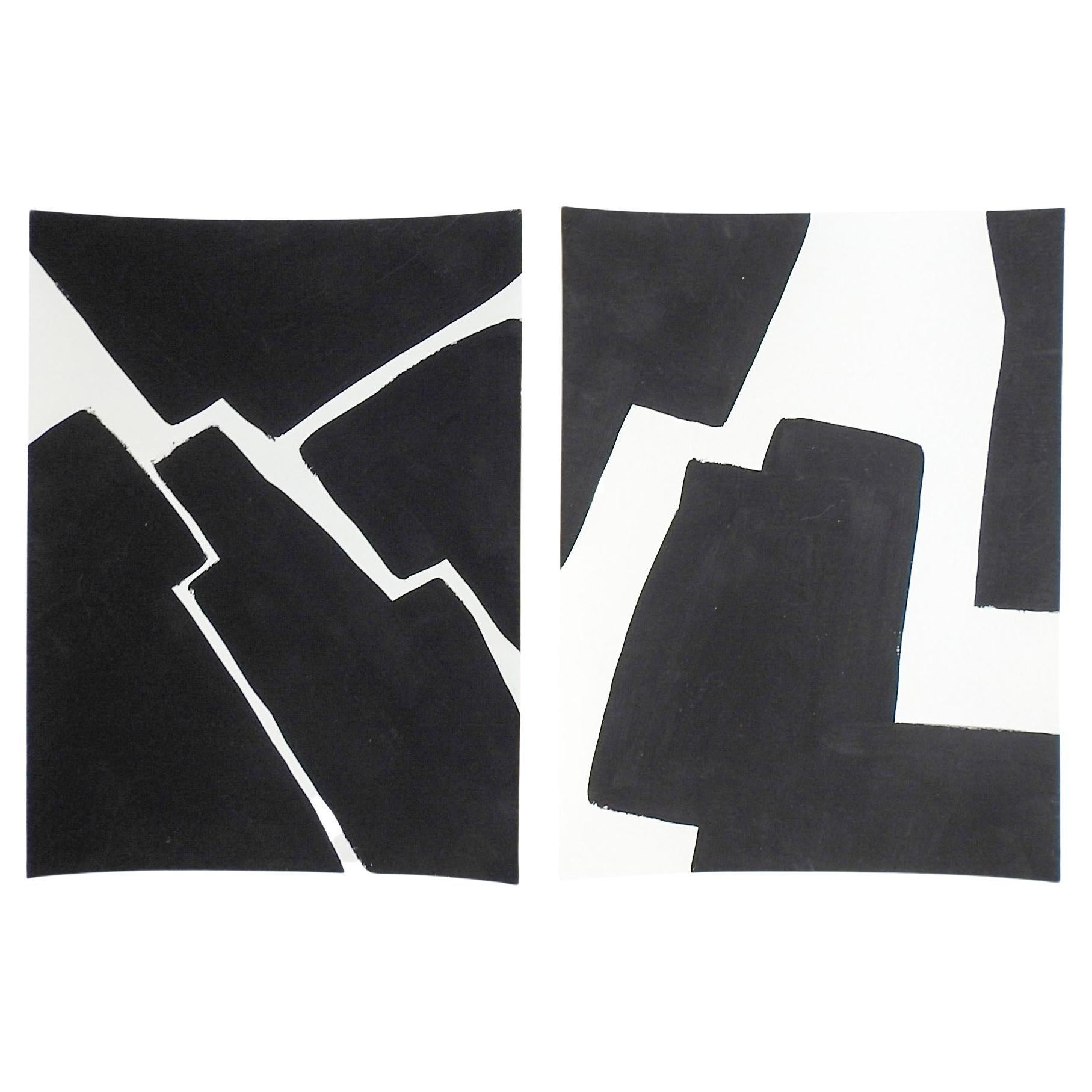 Paire de peintures abstraites contemporaines en noir et blanc