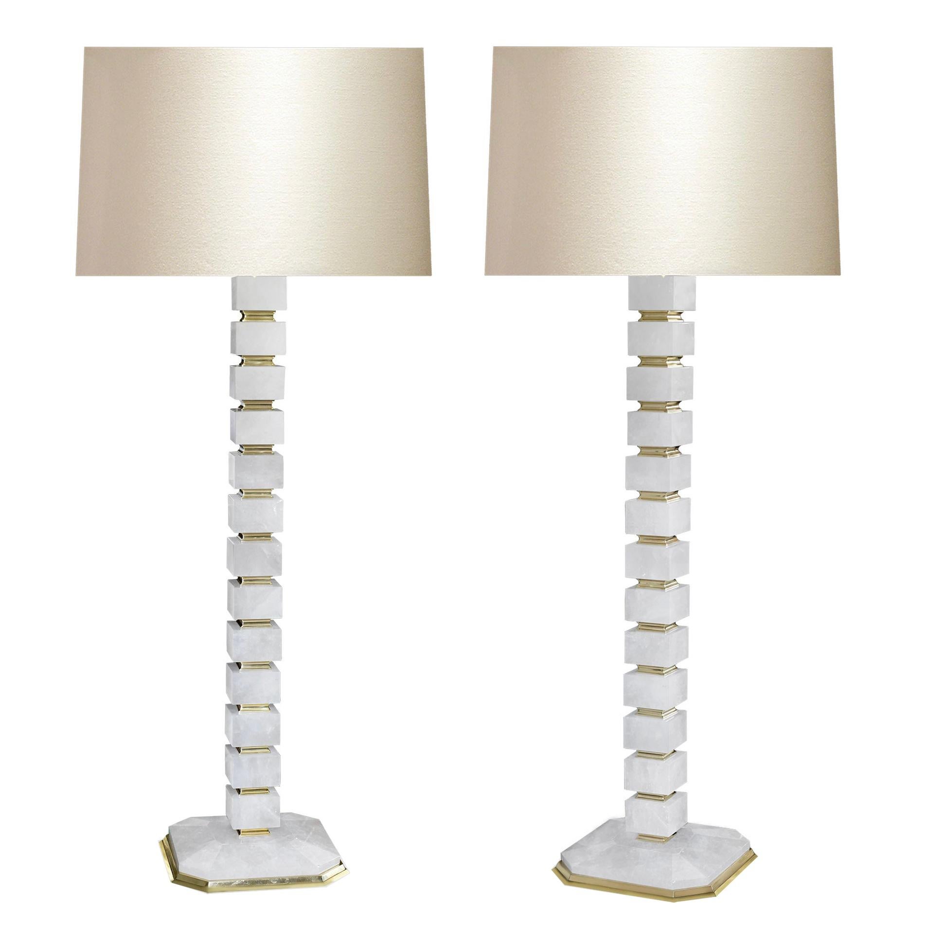Pair of Contemporary Block Form Rock Crystal Floor Lamps by Phoenix For Sale