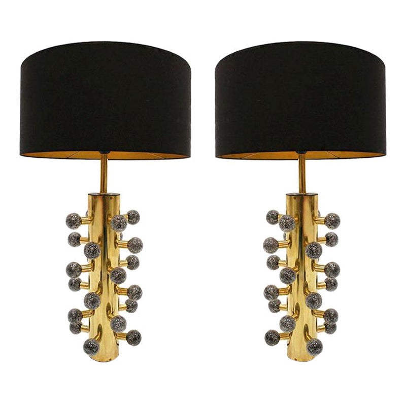Pair of Contemporary Brass and Grey Couloured Murano Glass Table Lamps For Sale