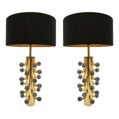 Pair of Contemporary Brass and Grey Couloured Murano Glass Table Lamps
