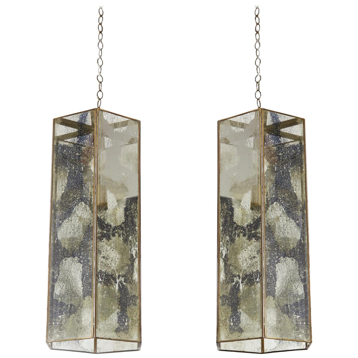 Pair of Contemporary Brass and Mercury Style Glass Pendant Lamps or Lanterns