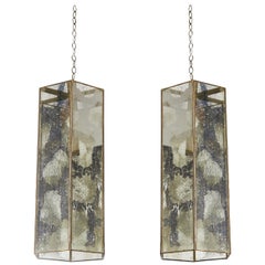 Pair of Contemporary Brass and Mercury Style Glass Pendant Lamps or Lanterns