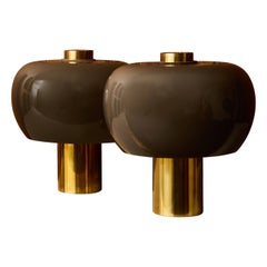 Pair of Contemporary Brass and Smoked Glass Table Lamps