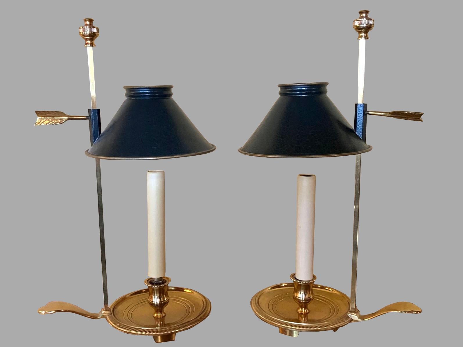 American Pair of Contemporary Brass Chamberstick Lamps with Adjustable Metal Shades