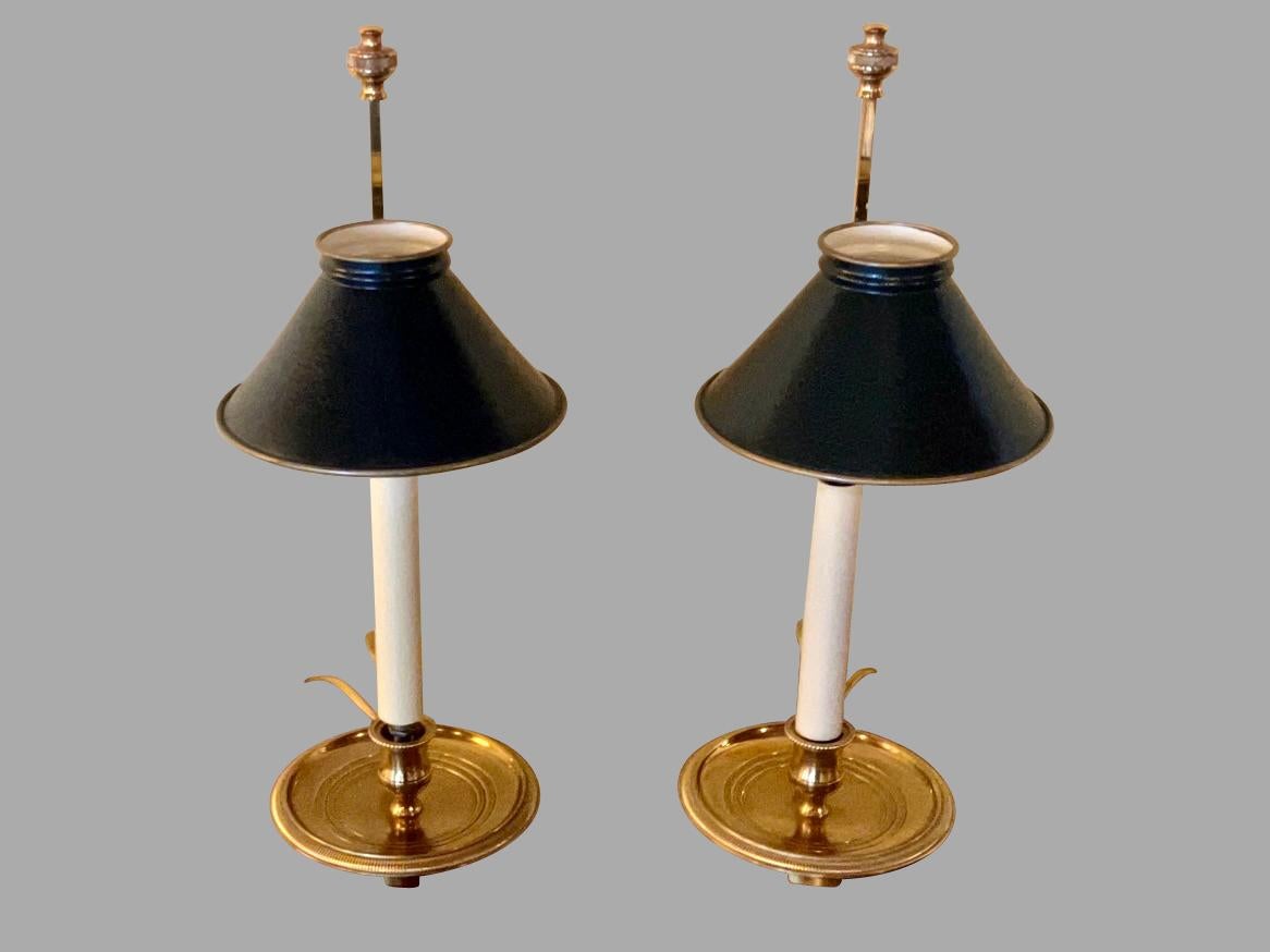 20th Century Pair of Contemporary Brass Chamberstick Lamps with Adjustable Metal Shades