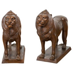 Pair of Contemporary Bronze Lion Sculptures on Bases with Dark Patina