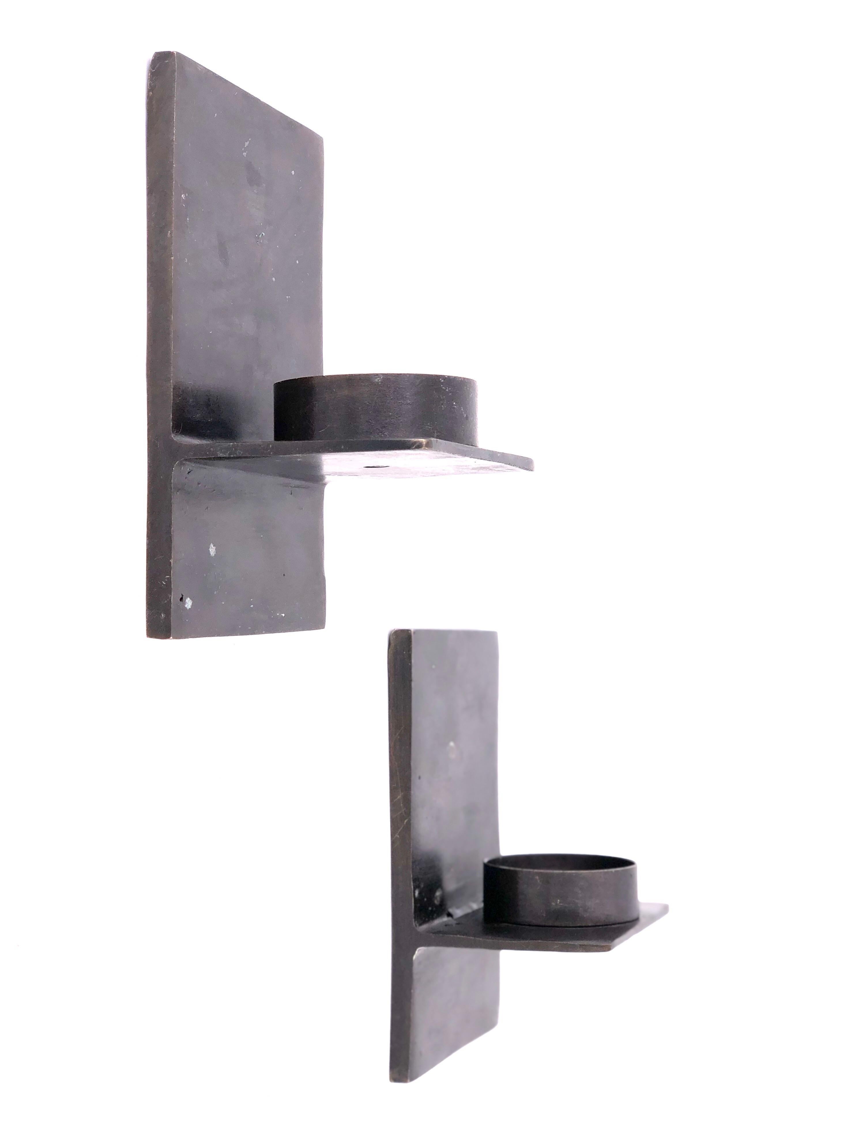Pair of Contemporary Bronze Modernist Minimalist Votive Wall Sconces In Good Condition In San Diego, CA