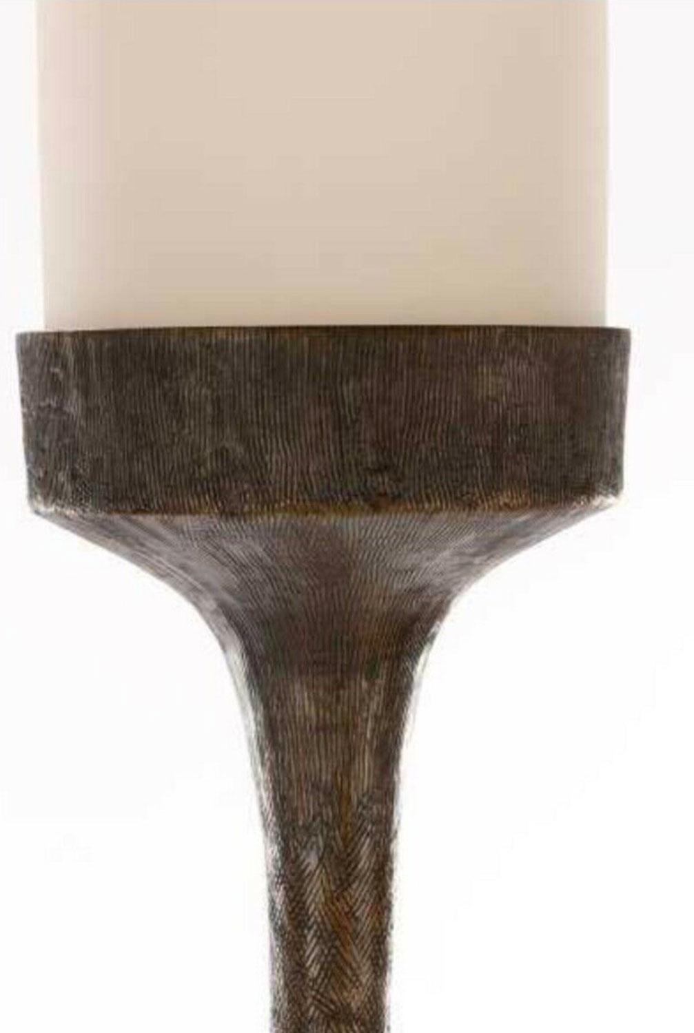 Pair of contemporary fabulous torchère sculptural natural patina bronze floor lamps “Alexandra” by Sculptor Tom Corbin (American, 1954- ). Each torchère has an opaque white cylindrical art glass shade, on top of a cast and textured Bronze shaft with