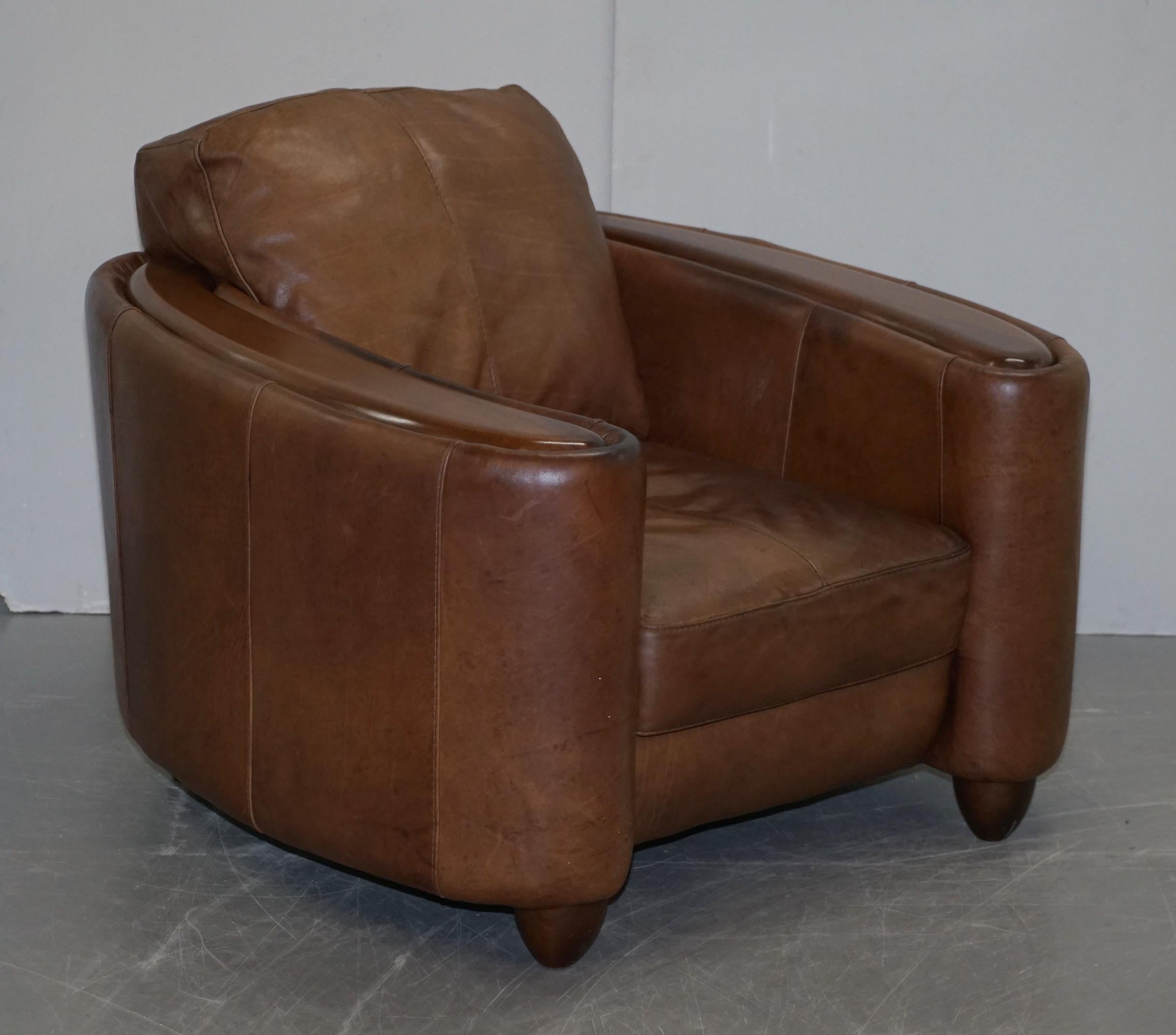 Pair of Contemporary Brown Leather Art Deco Style Club Armchairs Part of Suite 5