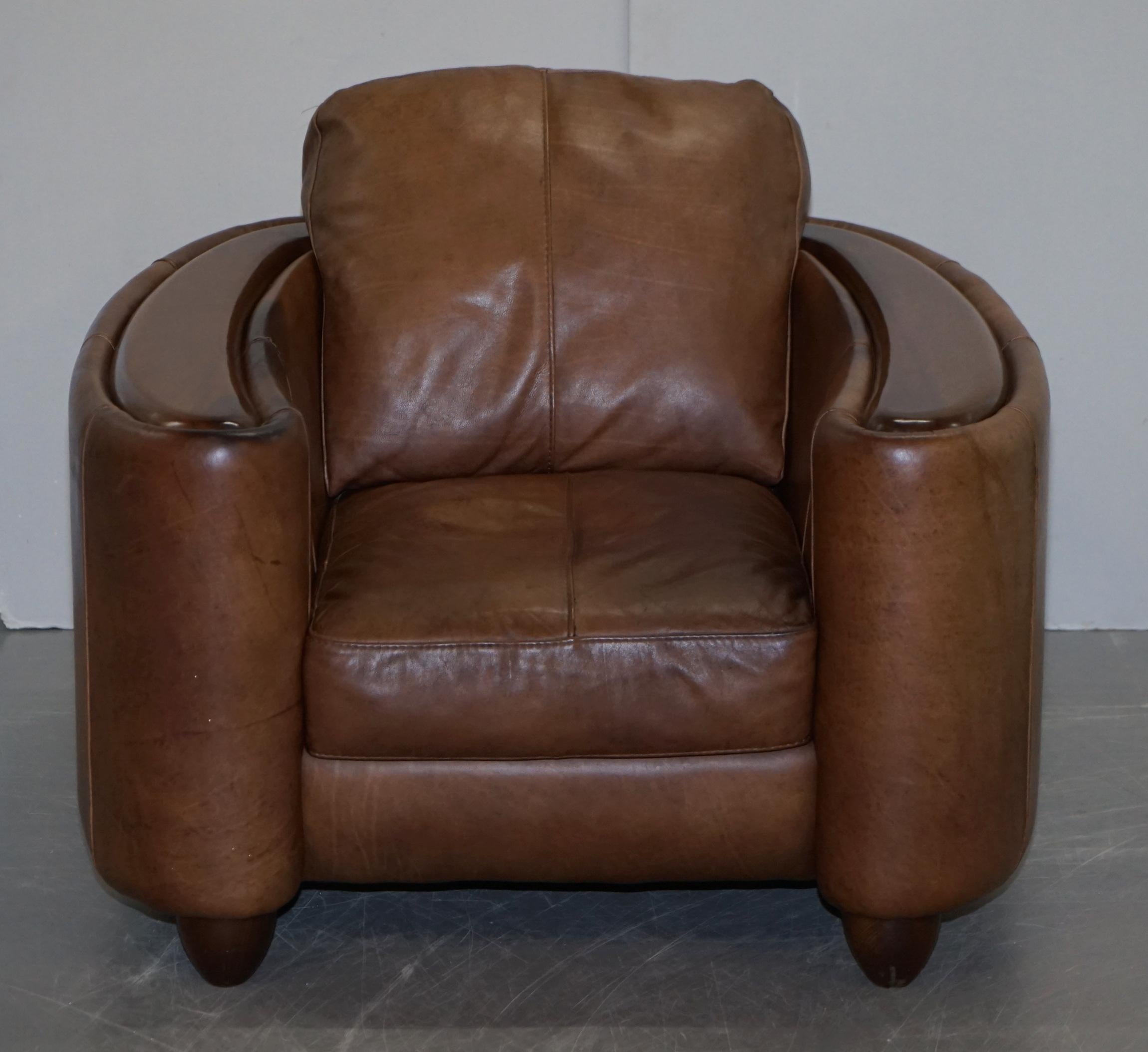 Pair of Contemporary Brown Leather Art Deco Style Club Armchairs Part of Suite 6