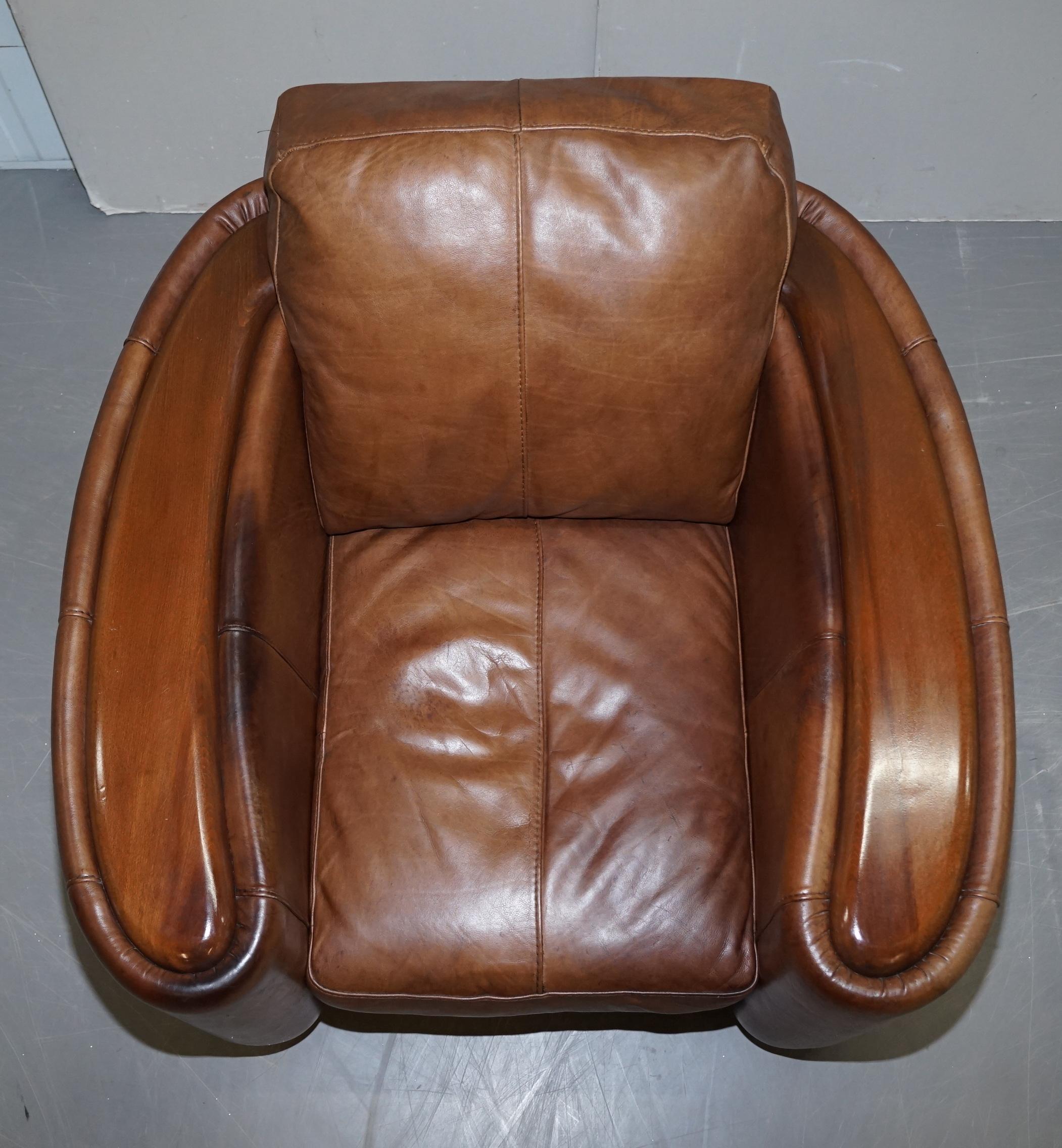 Pair of Contemporary Brown Leather Art Deco Style Club Armchairs Part of Suite 7