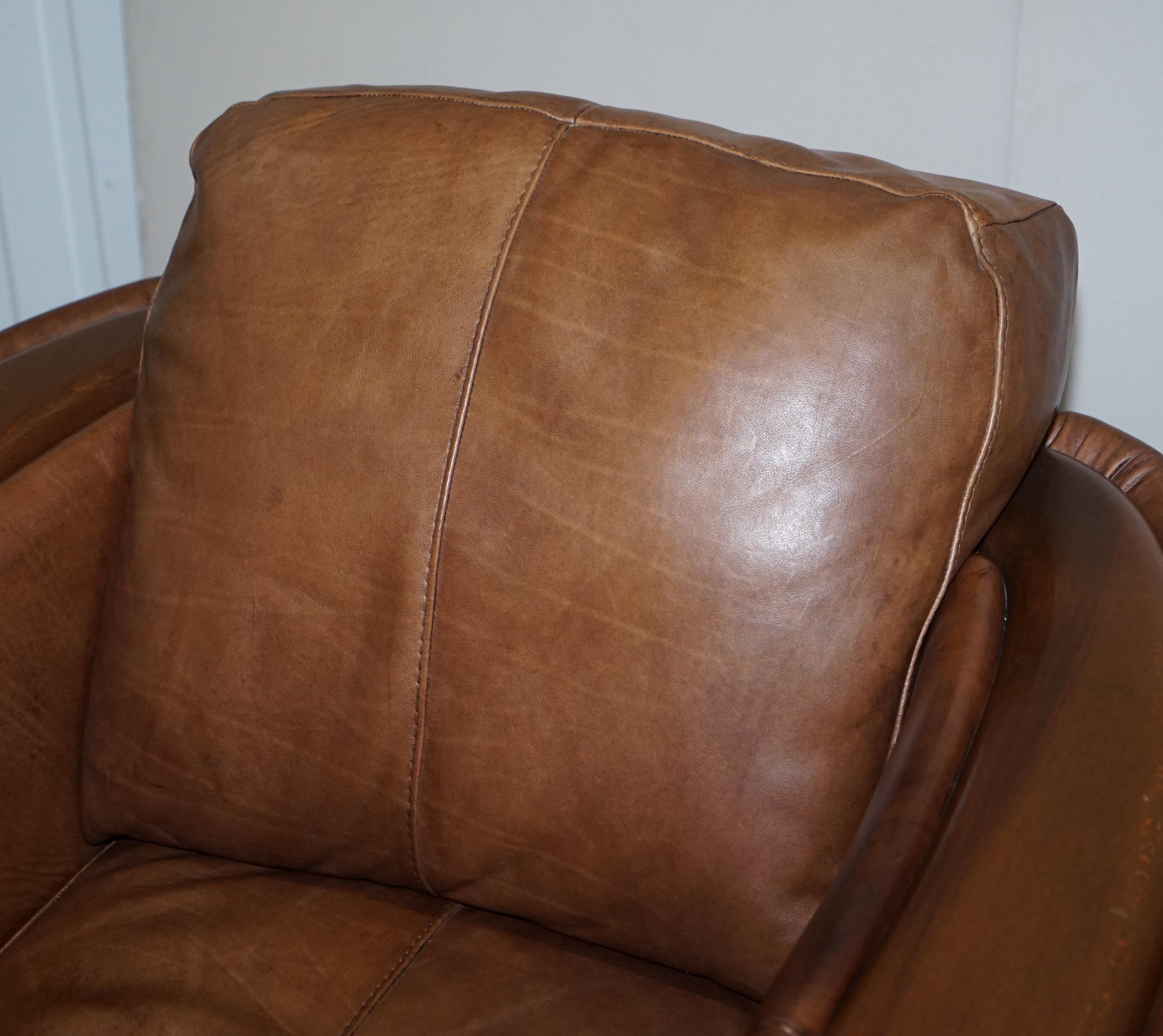 Pair of Contemporary Brown Leather Art Deco Style Club Armchairs Part of Suite 8