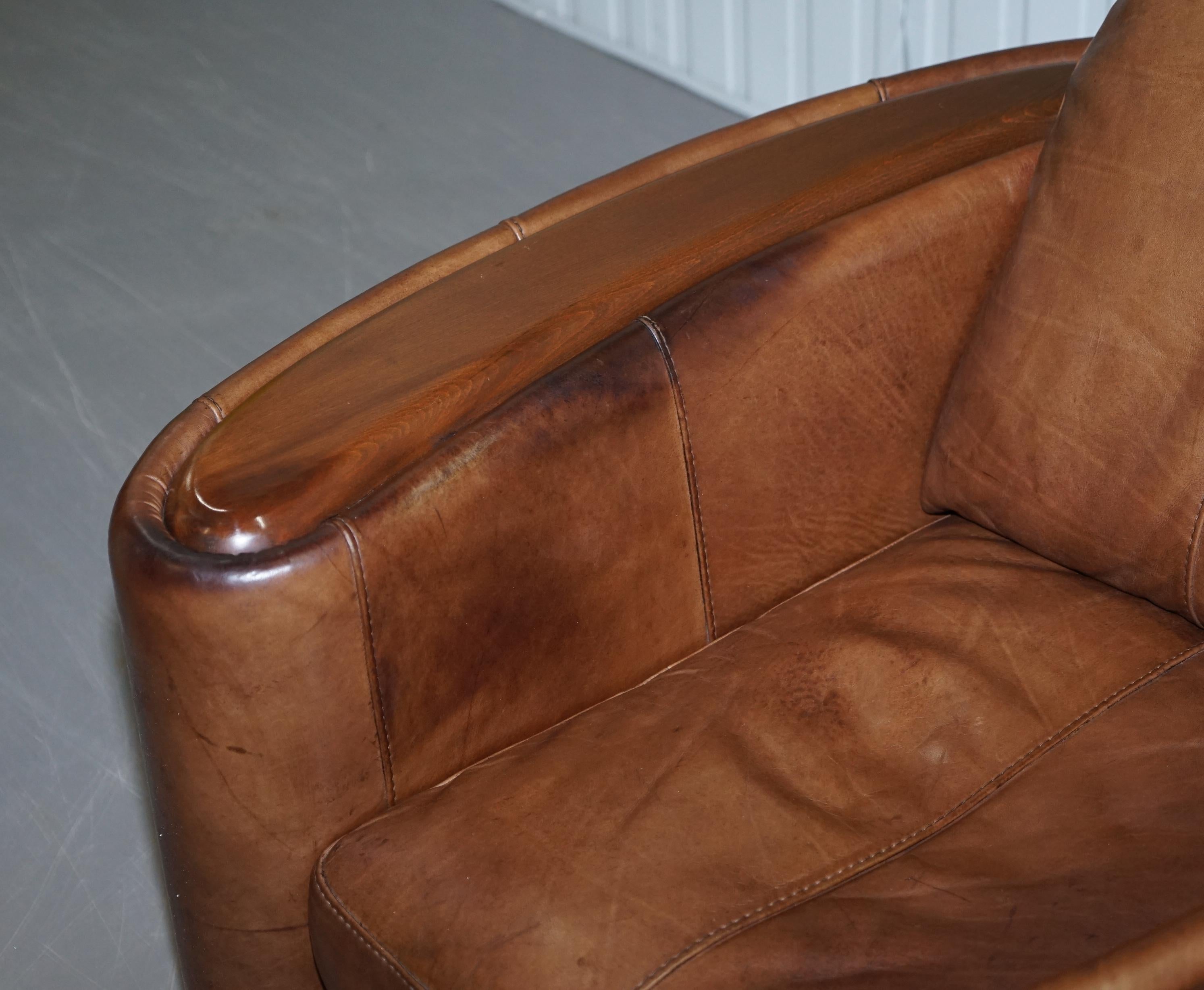 Pair of Contemporary Brown Leather Art Deco Style Club Armchairs Part of Suite 9