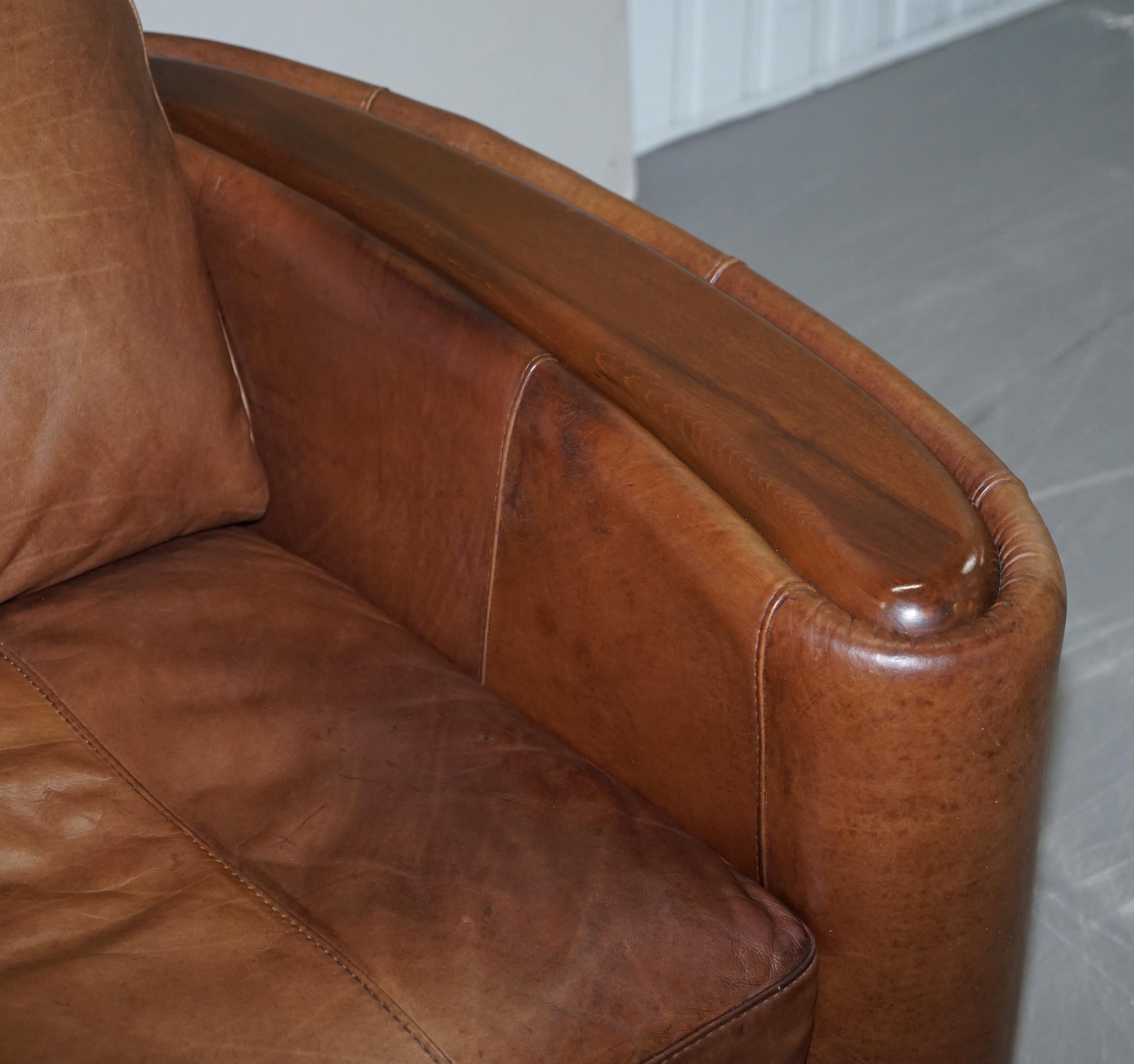 Pair of Contemporary Brown Leather Art Deco Style Club Armchairs Part of Suite 10