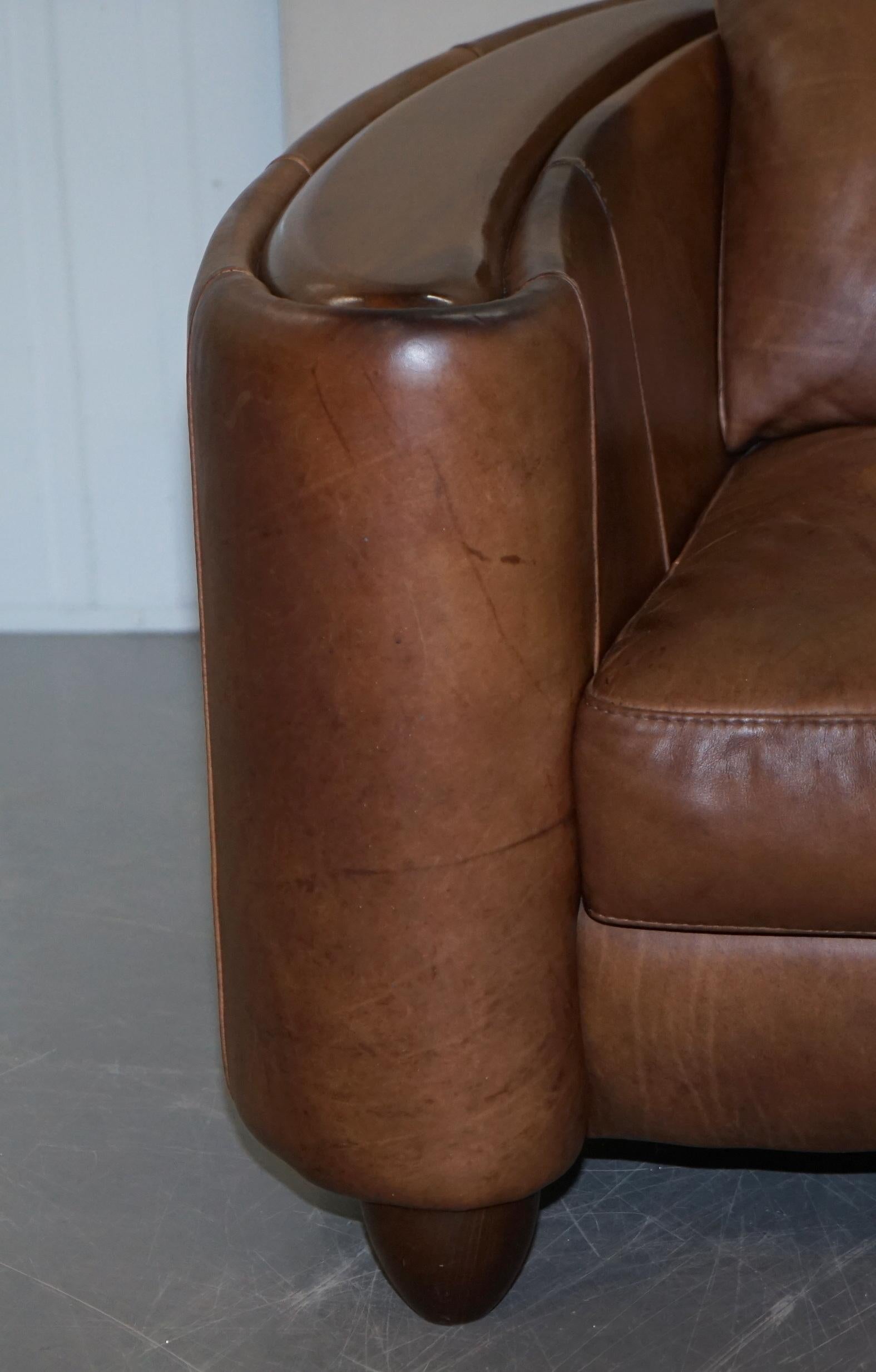 Pair of Contemporary Brown Leather Art Deco Style Club Armchairs Part of Suite 11